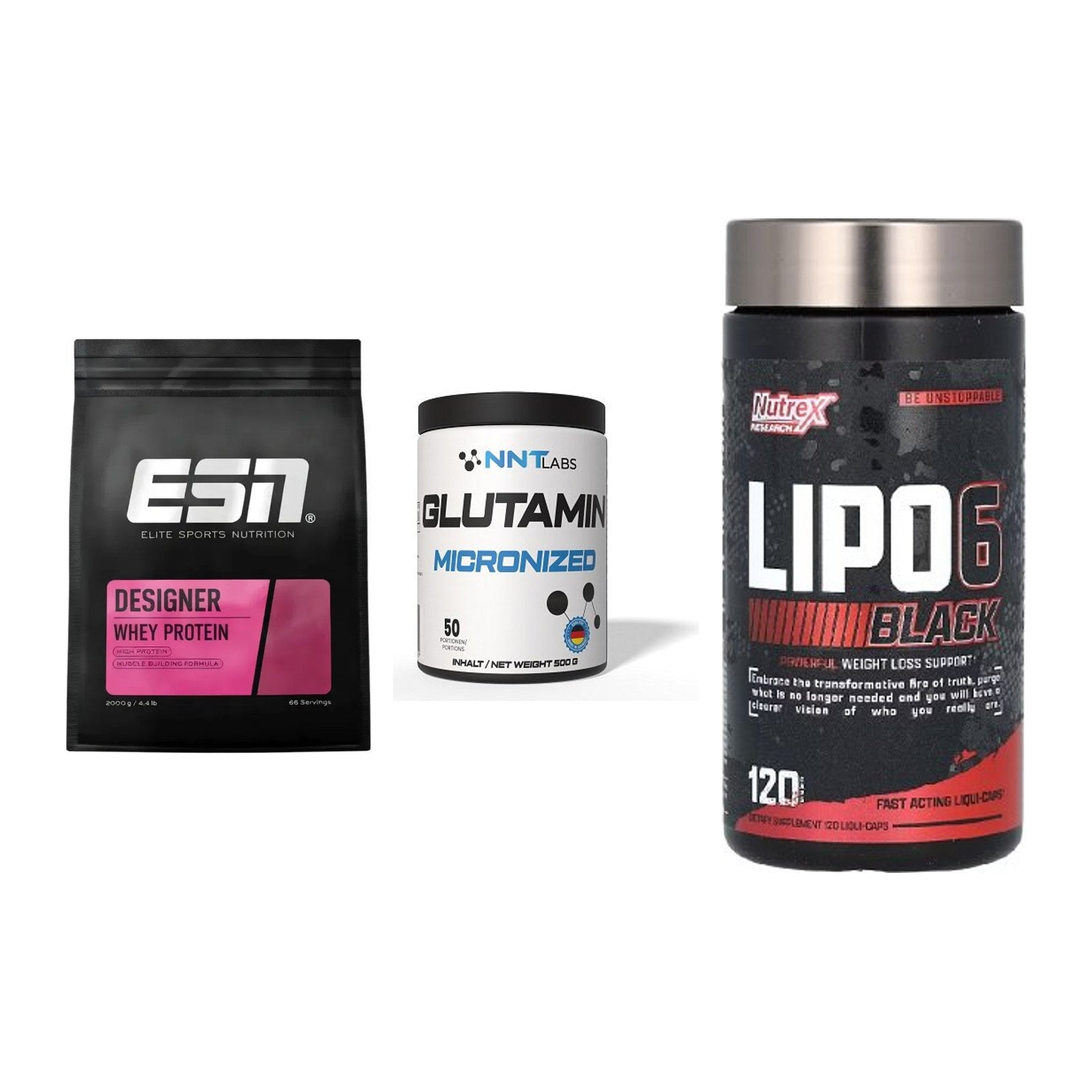 Definitionsphase-Set: ESN Designer + NNT Glutamin + Nutrex Lipo 6 – alle enthaltenen Artikel