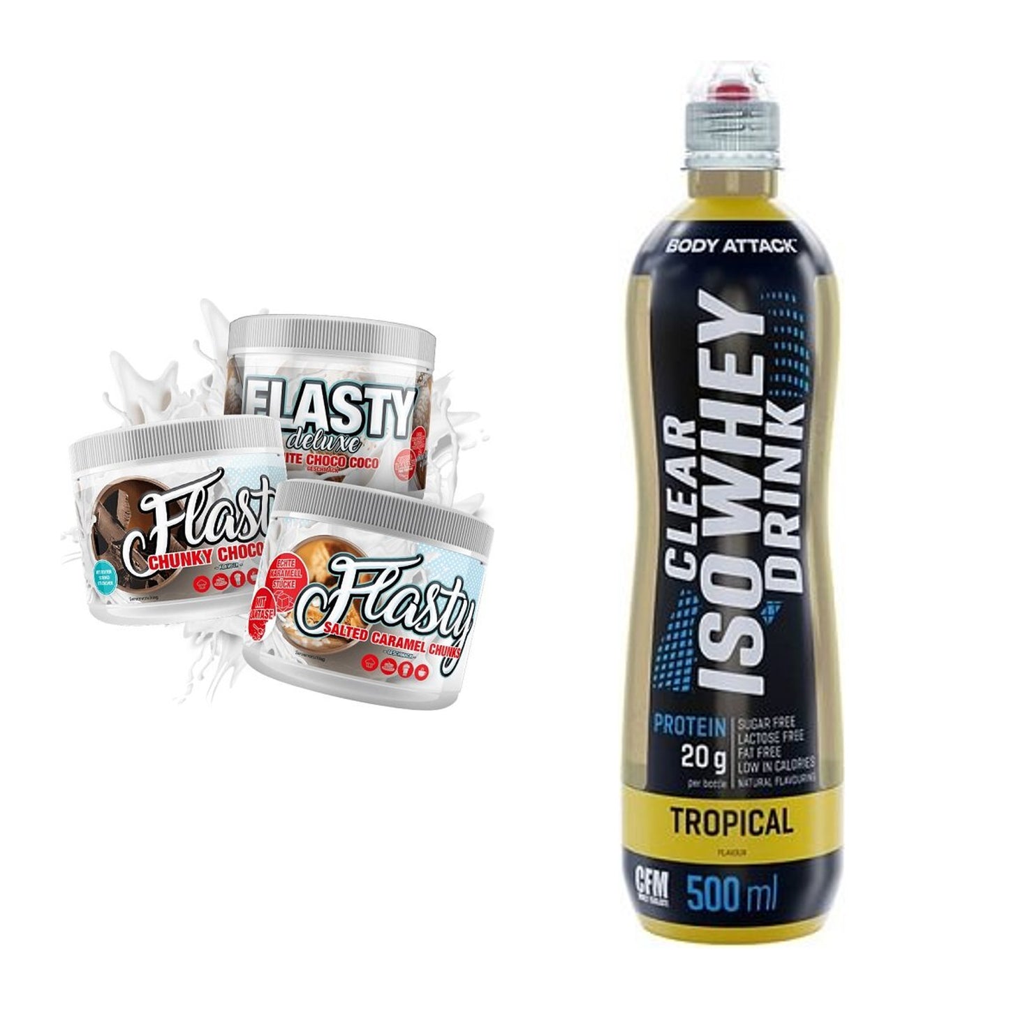 Diät-Duo: Sinob Flasty Geschmackspulve + Body Attack Clear Iso Whey – alle enthaltenen Artikel