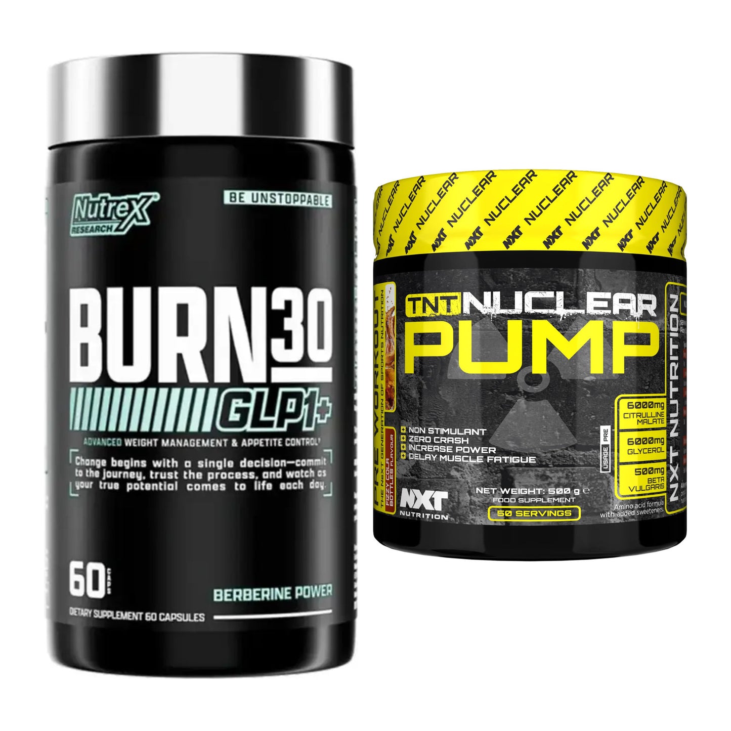 Diät-Duo: Nutrex Burn 30 GLP1+ Control + NXT Nutrition TNT Nuclear – alle enthaltenen Artikel