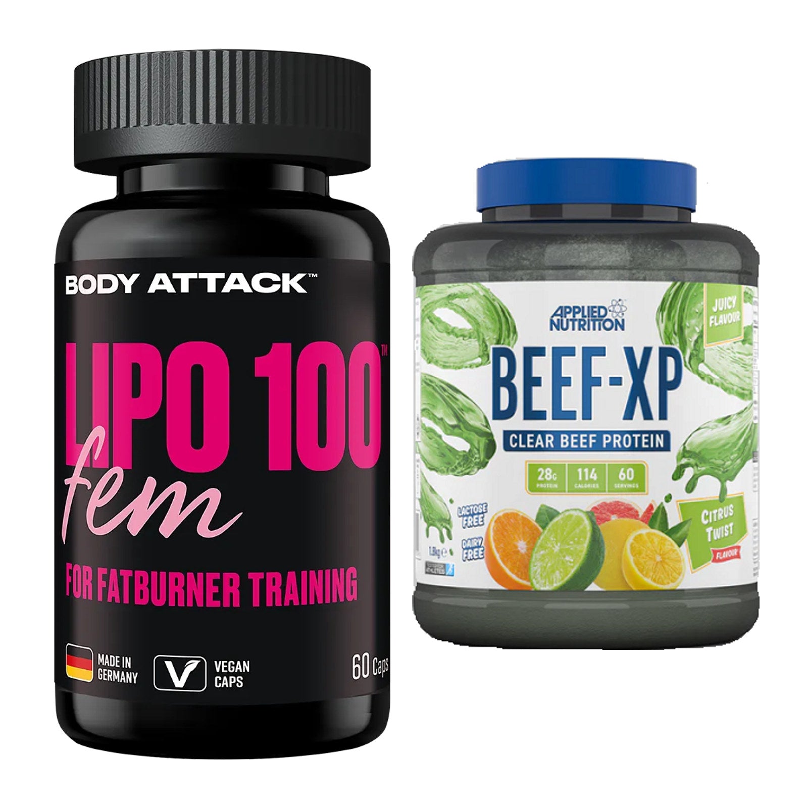 Diät-Duo: Body Attack Lipo 100 Fem + Applied Nutrition Clear Beef XP – alle enthaltenen Artikel