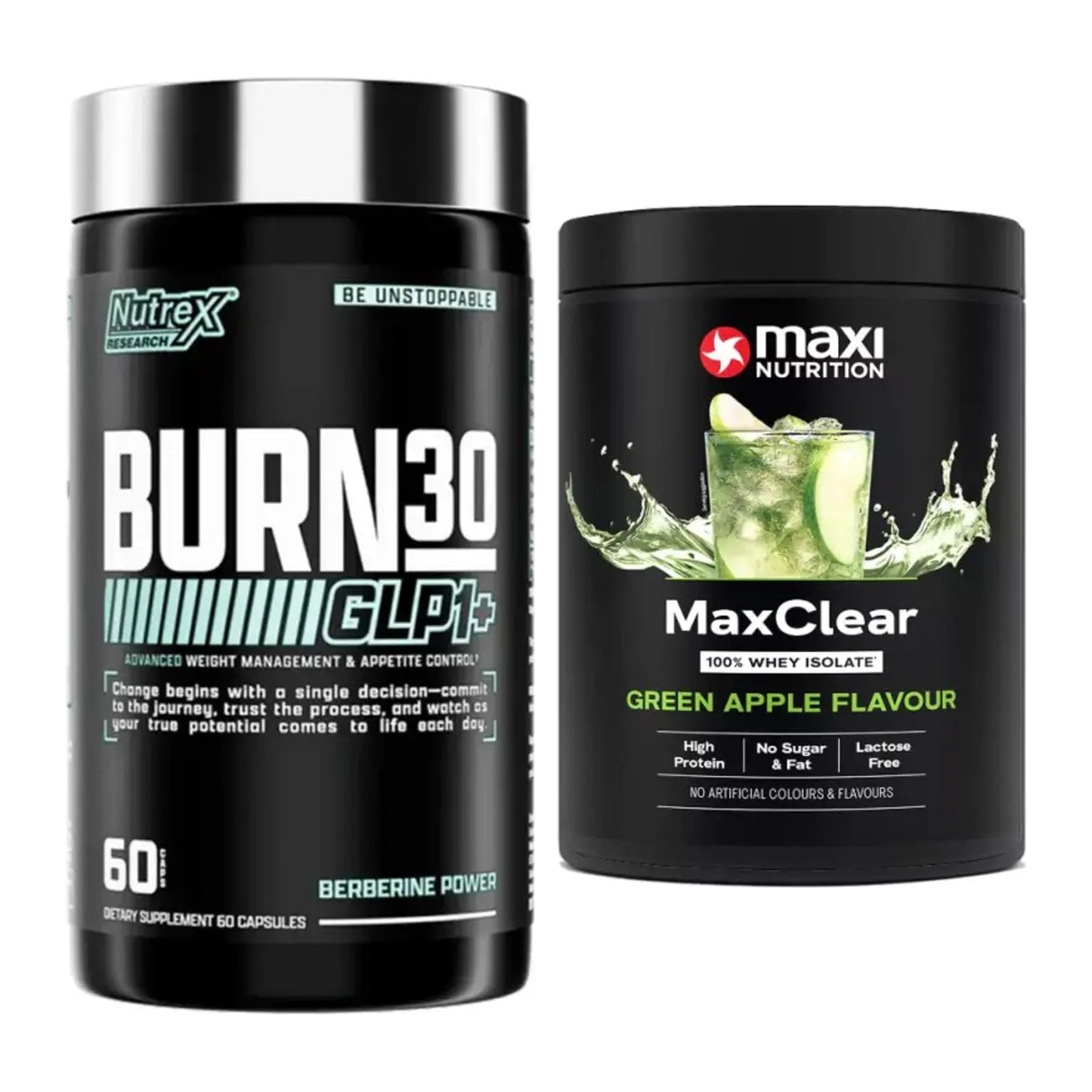 Diät-Duo: Nutrex Burn 30 GLP1+ Control + MaxiNutrition MaxClear 100% – alle enthaltenen Artikel