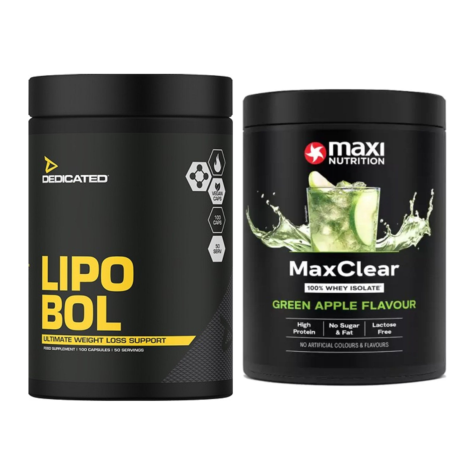 Diät-Duo: Dedicated Lipo-Bol + MaxiNutrition MaxClear 100% Clear – alle enthaltenen Artikel