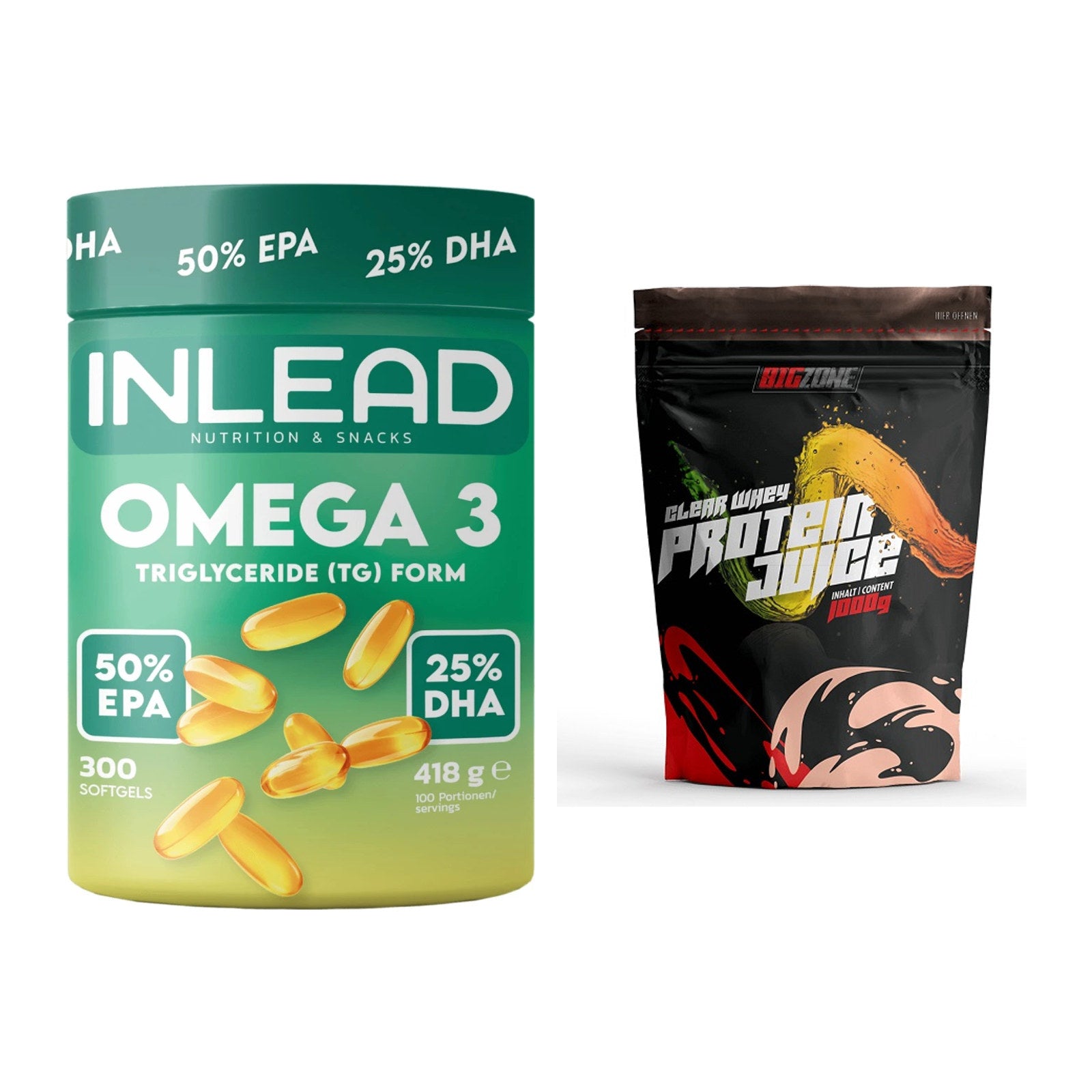 Diät-Duo: INLEAD Omega-3 + Big Zone Clear Whey Protein Juice – alle enthaltenen Artikel
