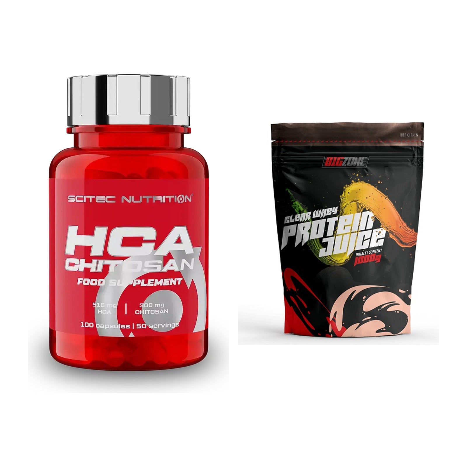 Diät-Duo: Scitec HCA-Chitosan + Big Zone Clear Whey Protein Juice – alle enthaltenen Artikel