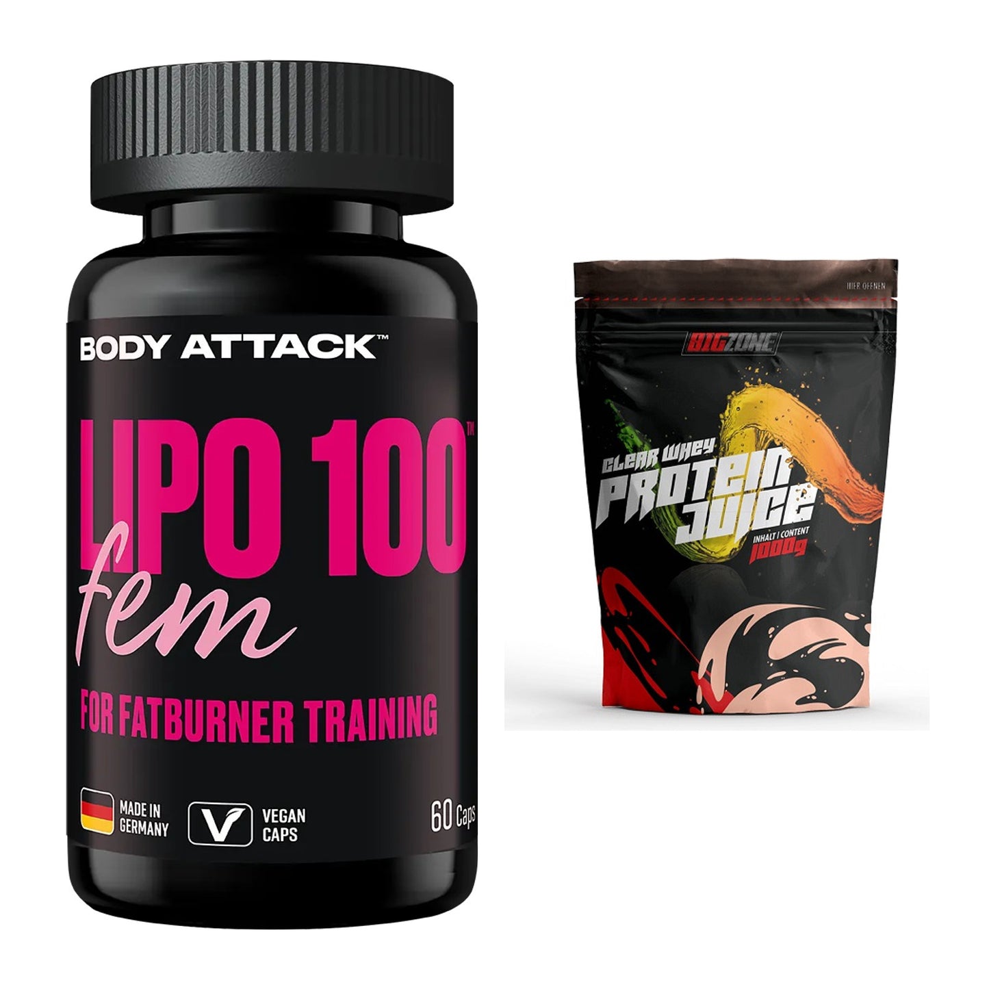 Diät-Duo: Body Attack Lipo 100 Fem + Big Zone Clear Whey Protein Juice – alle enthaltenen Artikel