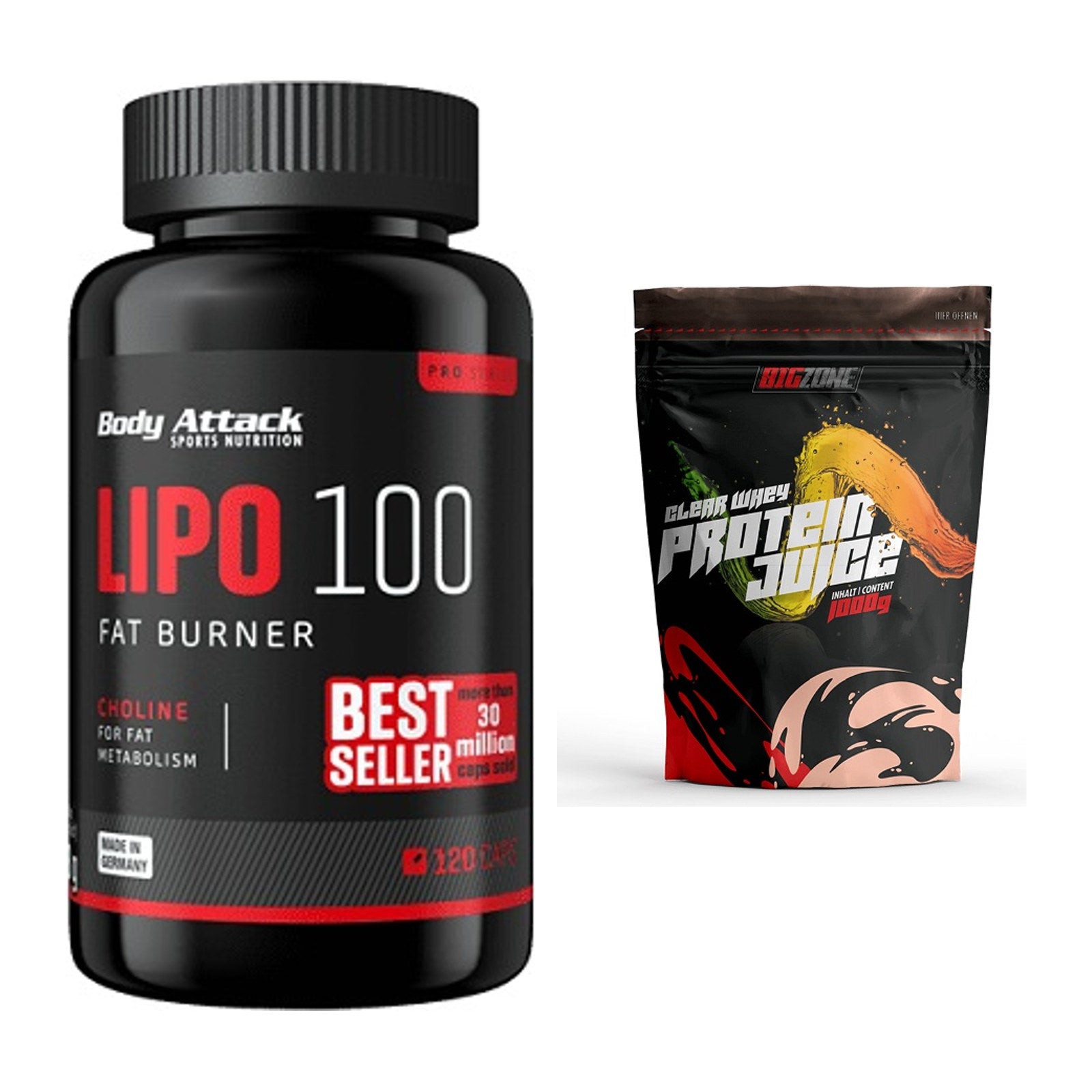 Diät-Duo: Body Attack Lipo 100 (120 + Big Zone Clear Whey Protein – alle enthaltenen Artikel