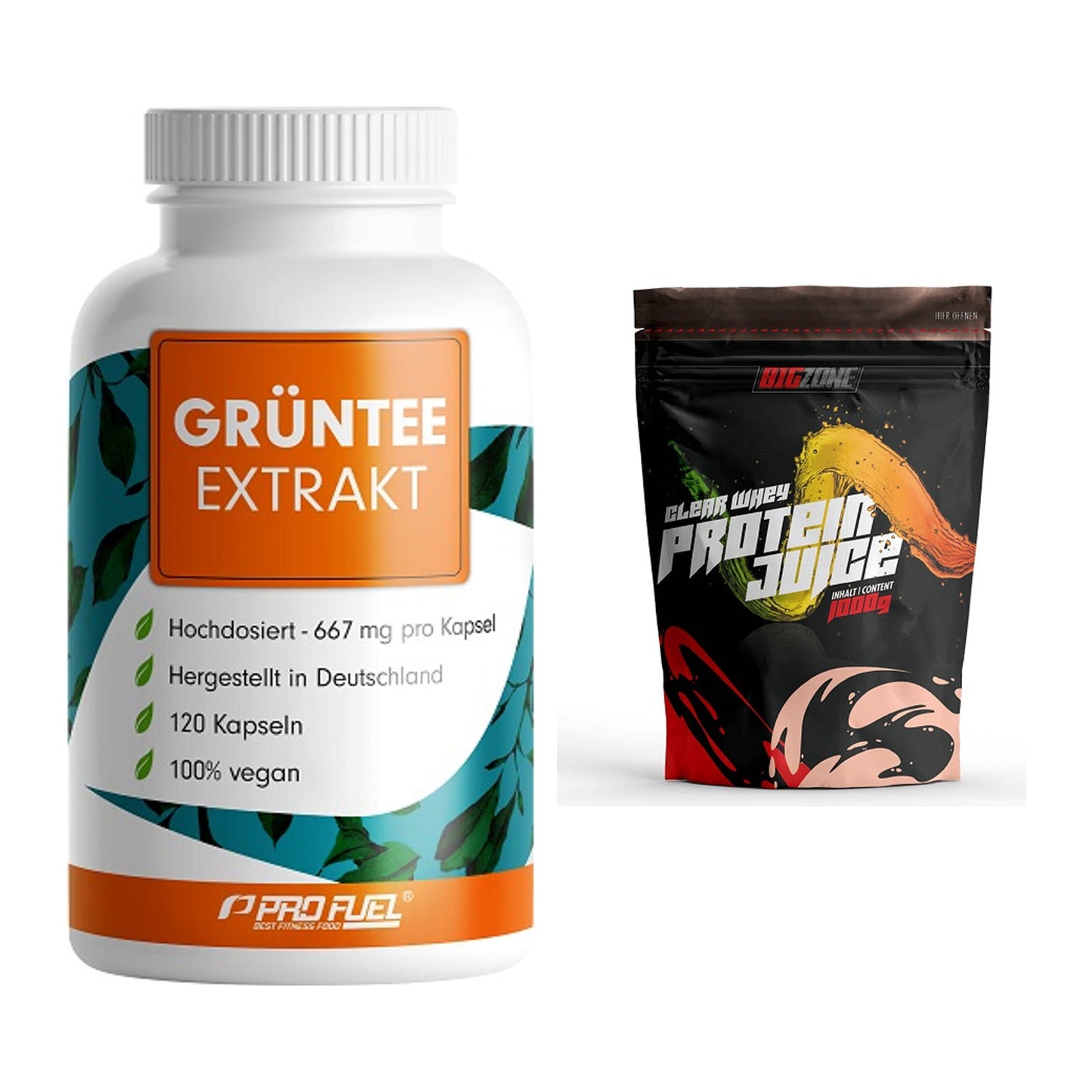 Diät-Duo: ProFuel Grüntee Extrakt + Big Zone Clear Whey Protein Juice – alle enthaltenen Artikel