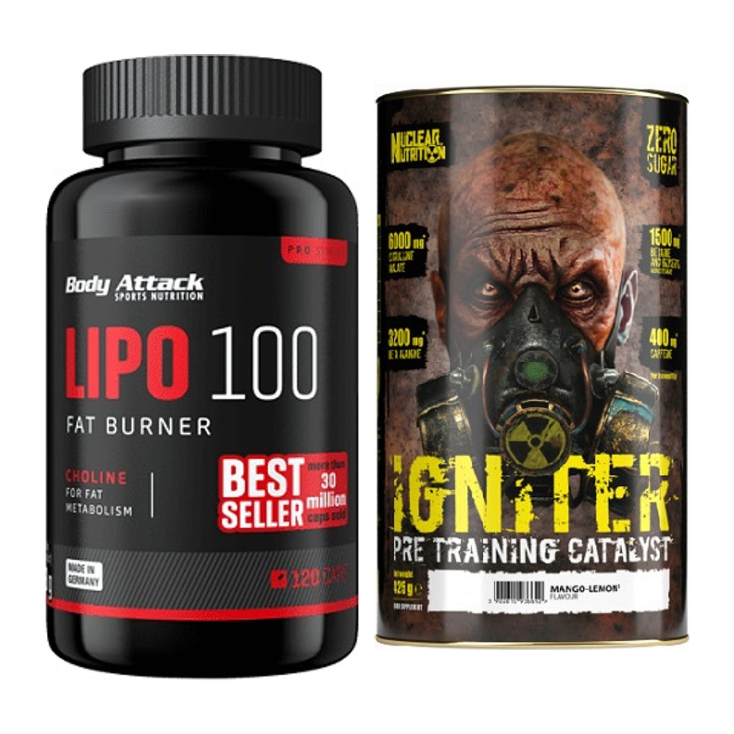 Diät-Duo: Body Attack Lipo 100 (120 + Nuclear Nutrition IGNITER – alle enthaltenen Artikel