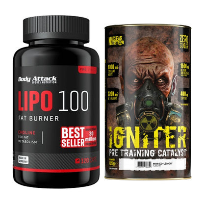 Diät-Duo: Body Attack Lipo 100 (120 + Nuclear Nutrition IGNITER – alle enthaltenen Artikel
