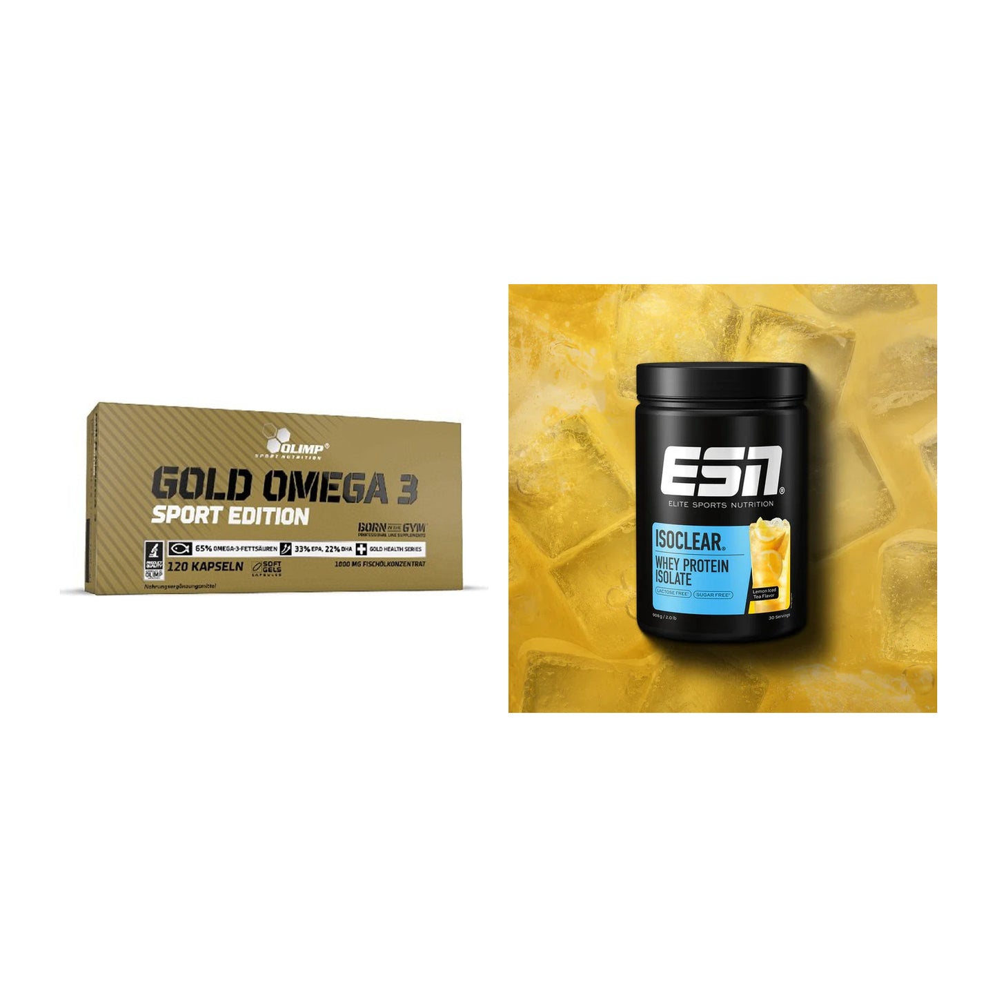 Diät-Duo: Olimp Omega 3 Sport Edition + ESN ISOCLEAR Whey Isolate – alle enthaltenen Artikel