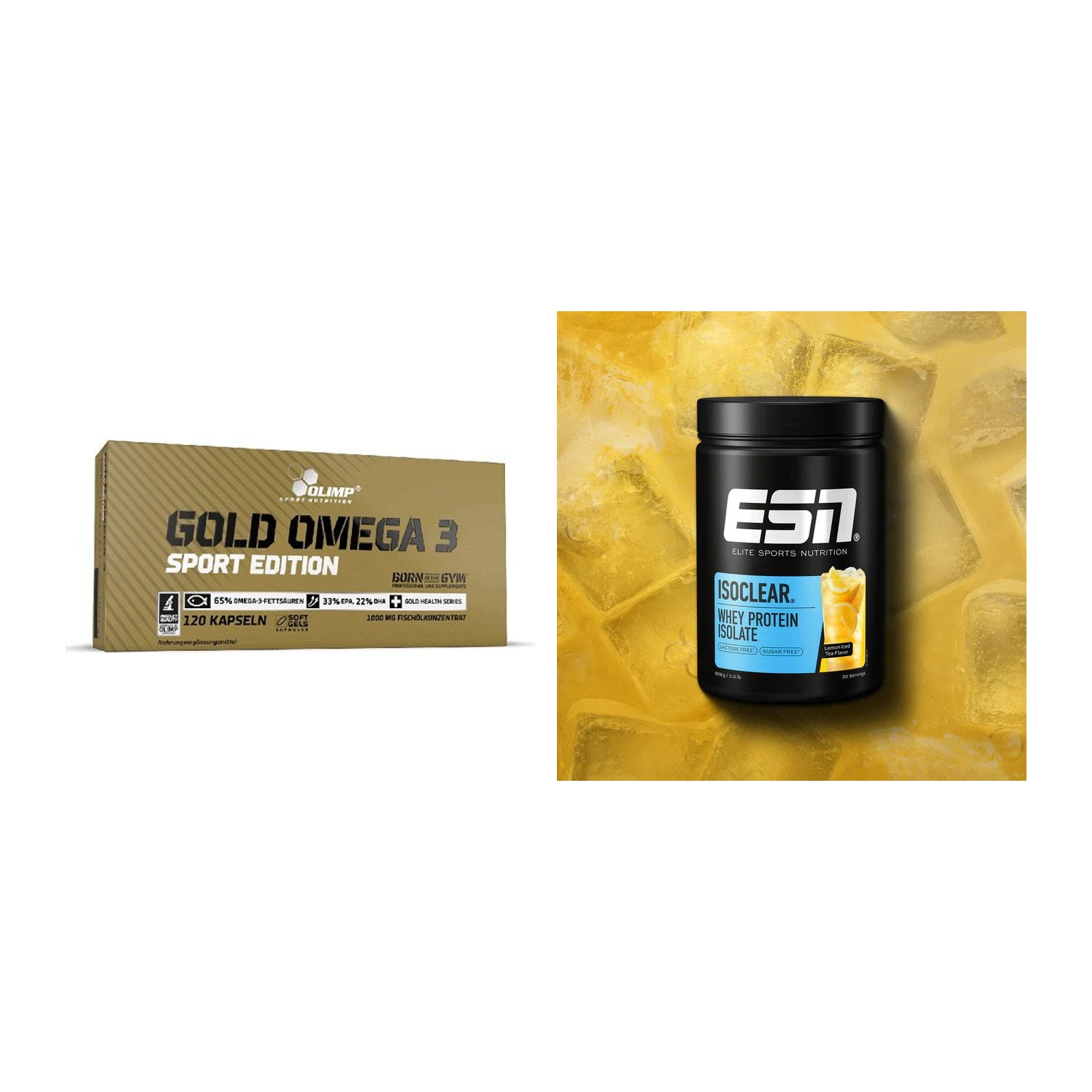 Diät-Duo: Olimp Omega 3 Sport Edition + ESN ISOCLEAR Whey Isolate – alle enthaltenen Artikel