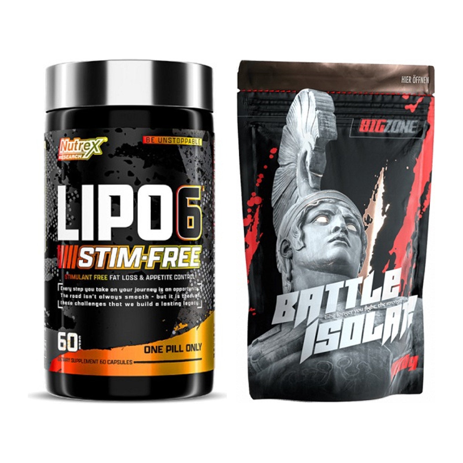 Diät-Duo: Nutrex Lipo 6 Black STIM-FREE + Big Zone Battle Isolate – alle enthaltenen Artikel