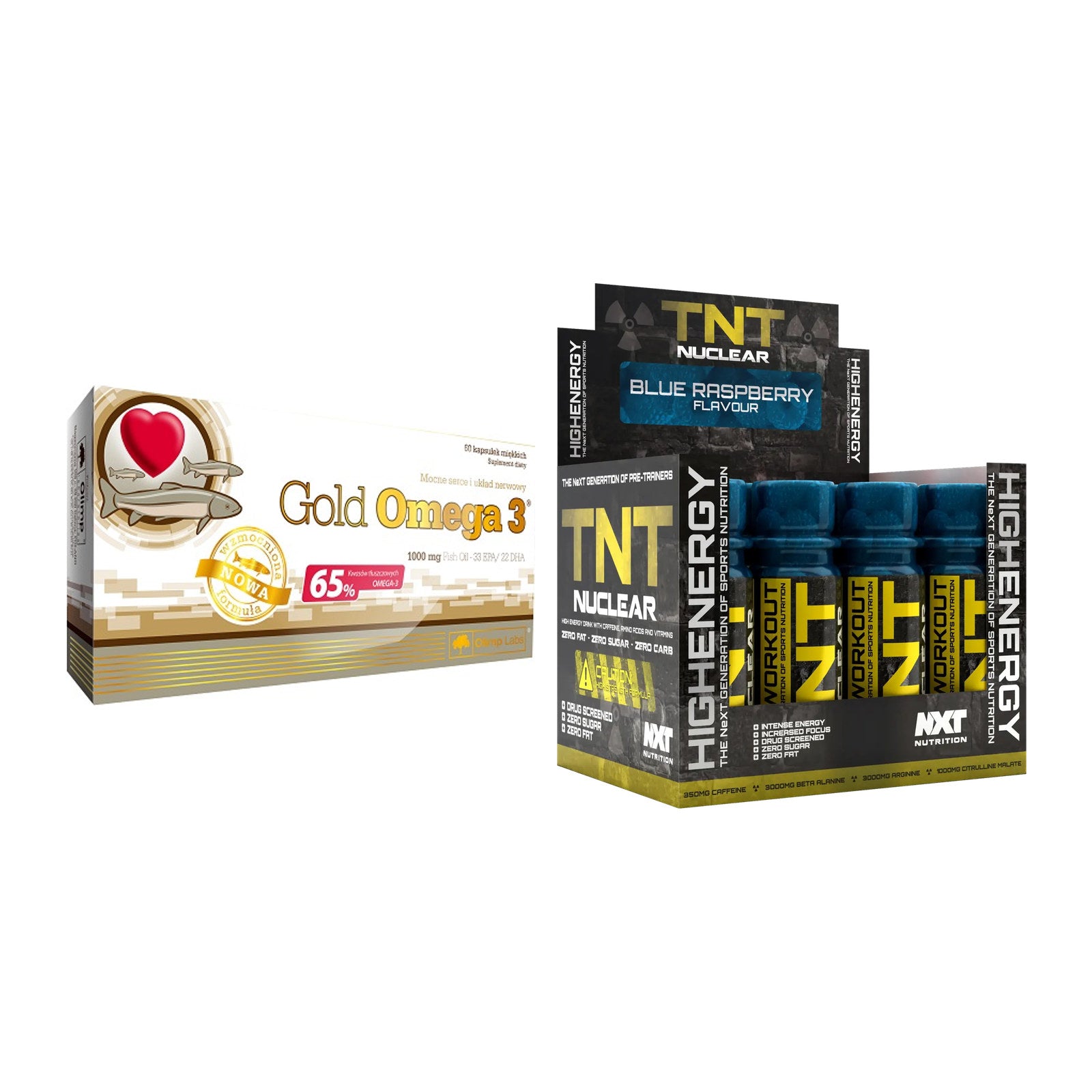 Diät-Duo: Olimp Omega 3 Gold Edition + NXT Nutrition TNT Nuclear Shots – alle enthaltenen Artikel
