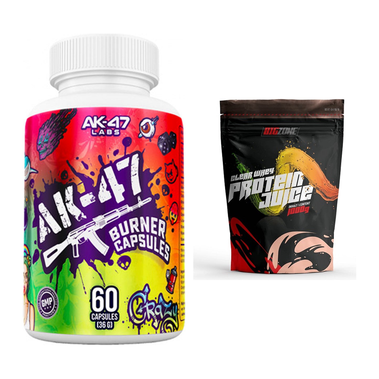Diät-Duo: AK47 Labs Fatburner + Big Zone Clear Whey Protein Juice – alle enthaltenen Artikel