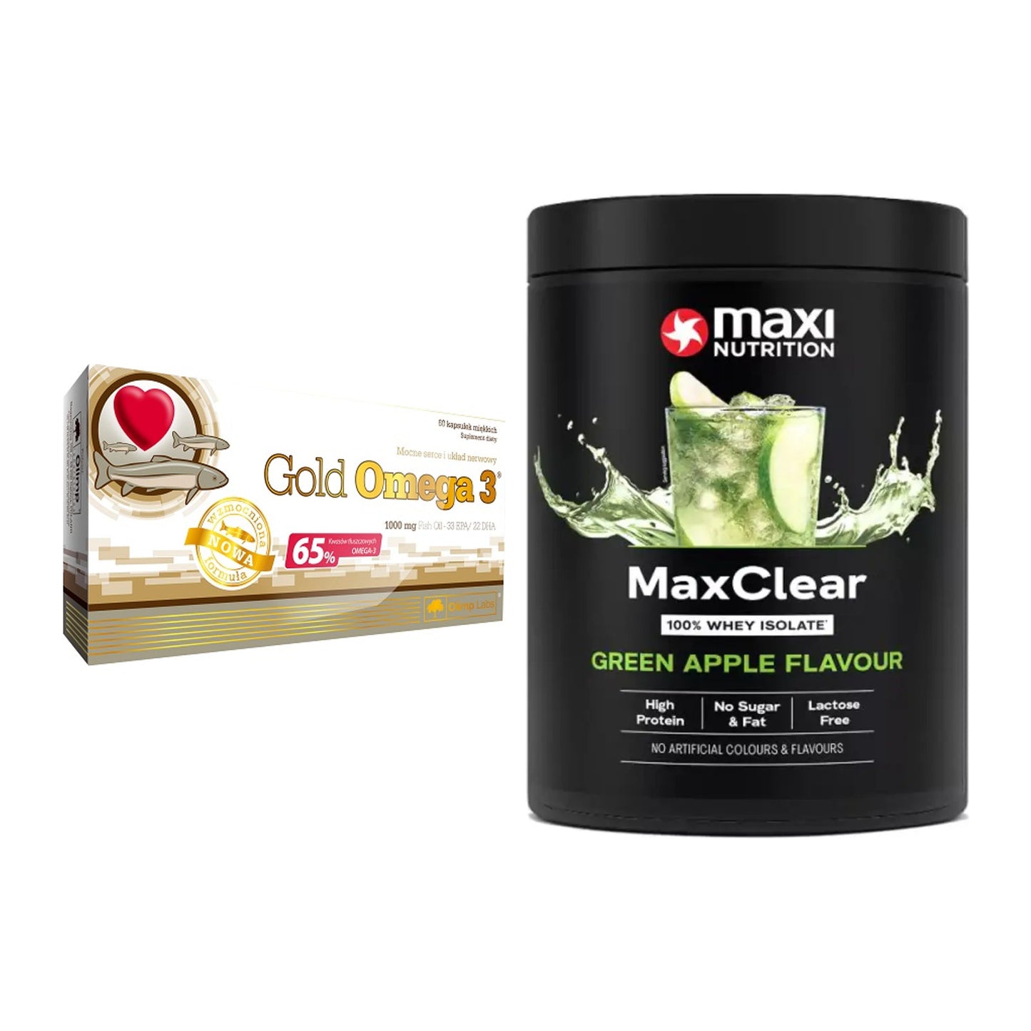 Diät-Duo: Olimp Omega 3 Gold Edition + MaxiNutrition MaxClear 100% – alle enthaltenen Artikel