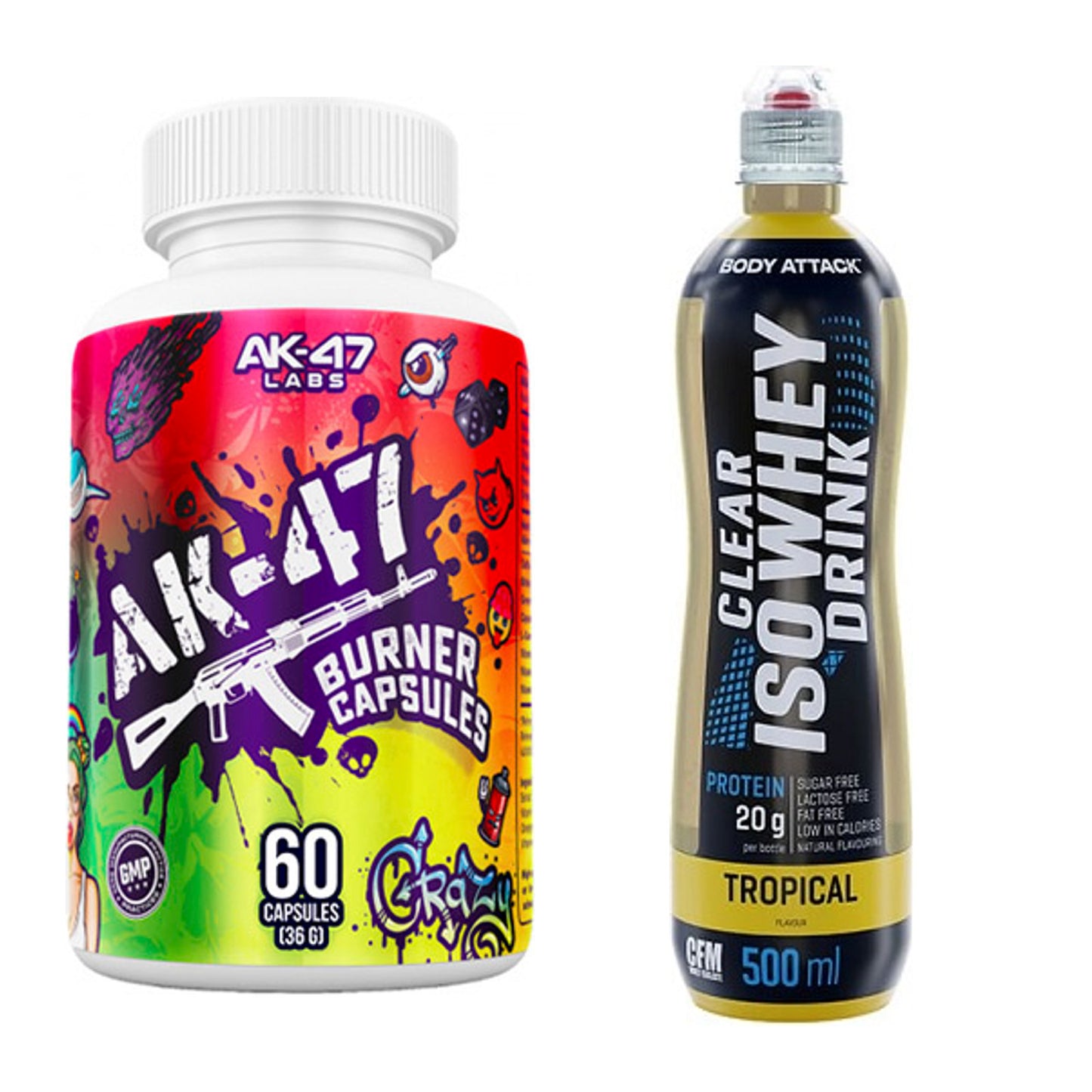 Diät-Duo: AK47 Labs Fatburner + Body Attack Clear Iso Whey Drink – alle enthaltenen Artikel