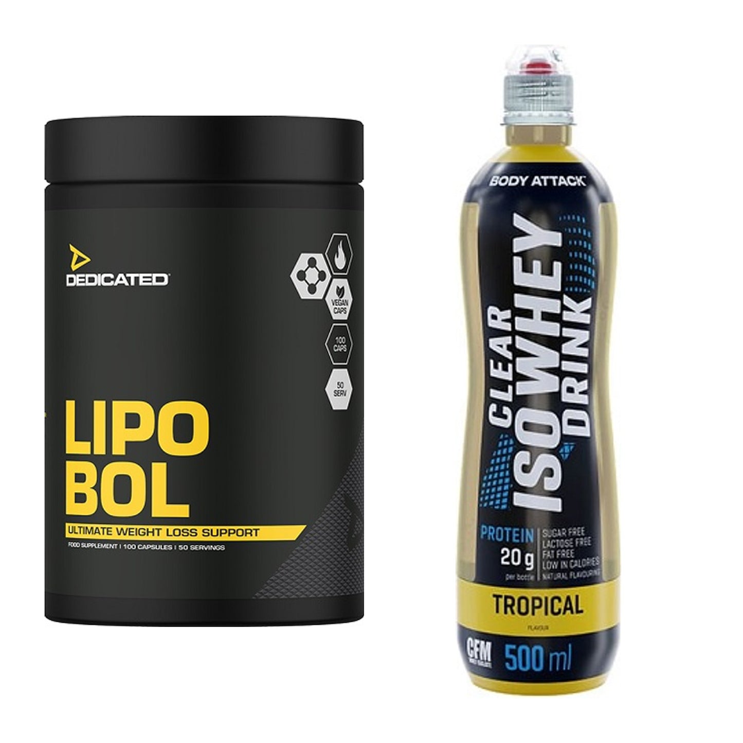 Diät-Duo: Dedicated Lipo-Bol + Body Attack Clear Iso Whey Drink – alle enthaltenen Artikel
