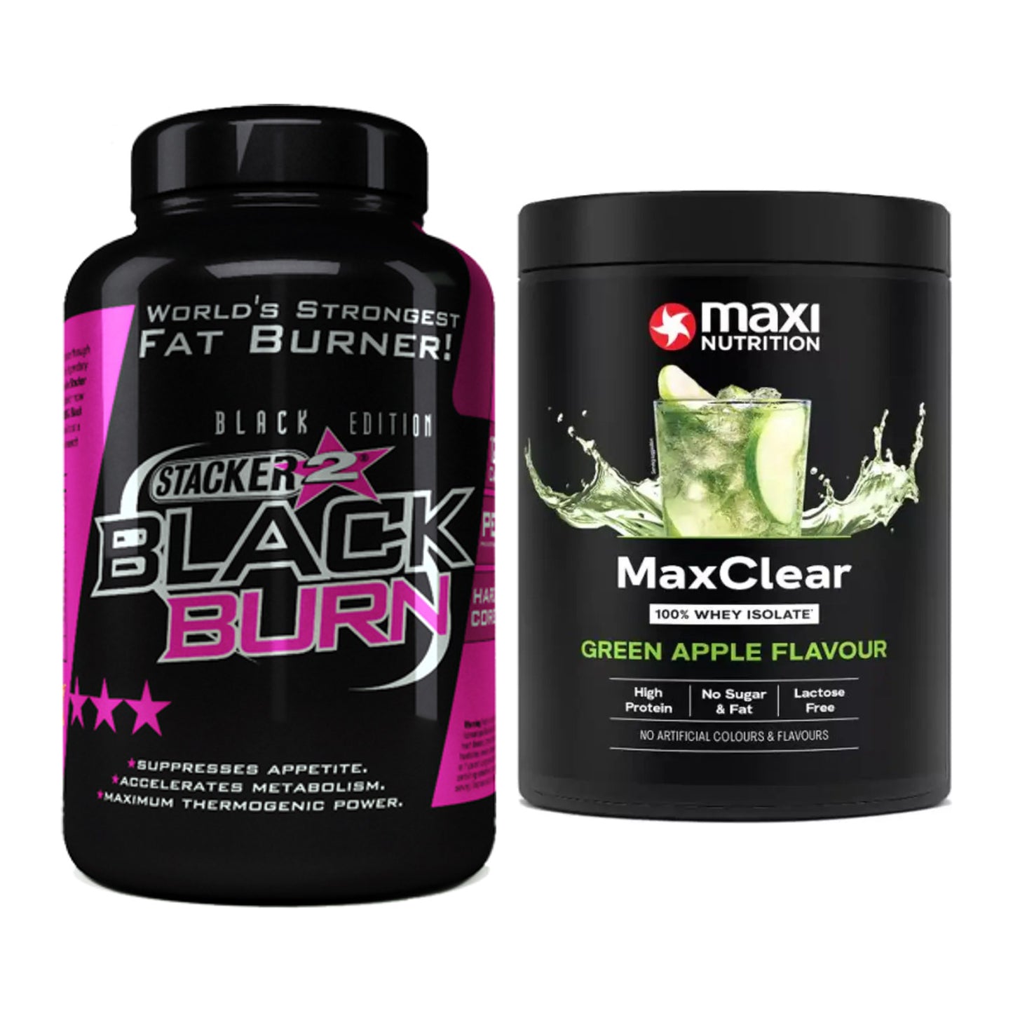 Diät-Duo: Stacker2 Black Burn + MaxiNutrition MaxClear 100% – alle enthaltenen Artikel