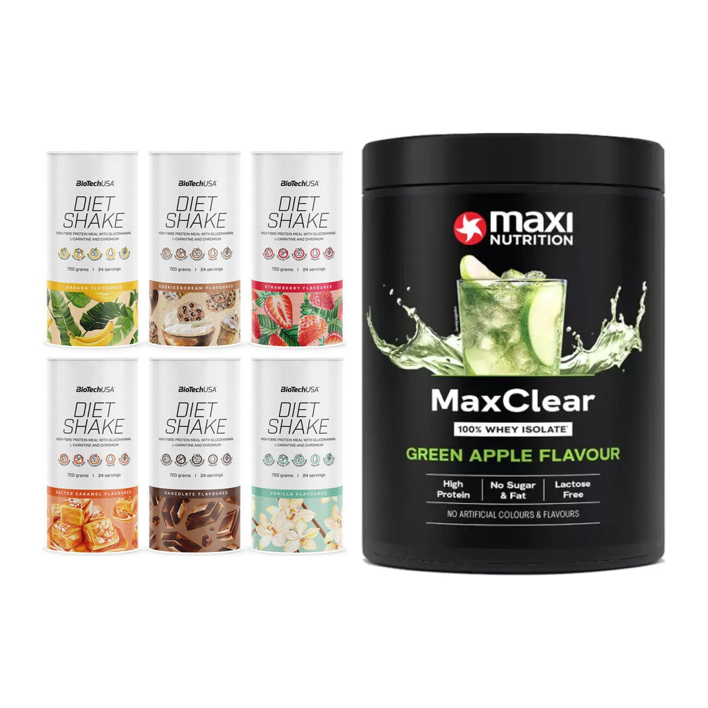 Diät-Duo: BioTech Diet Shake + MaxiNutrition MaxClear 100% Clear – alle enthaltenen Artikel