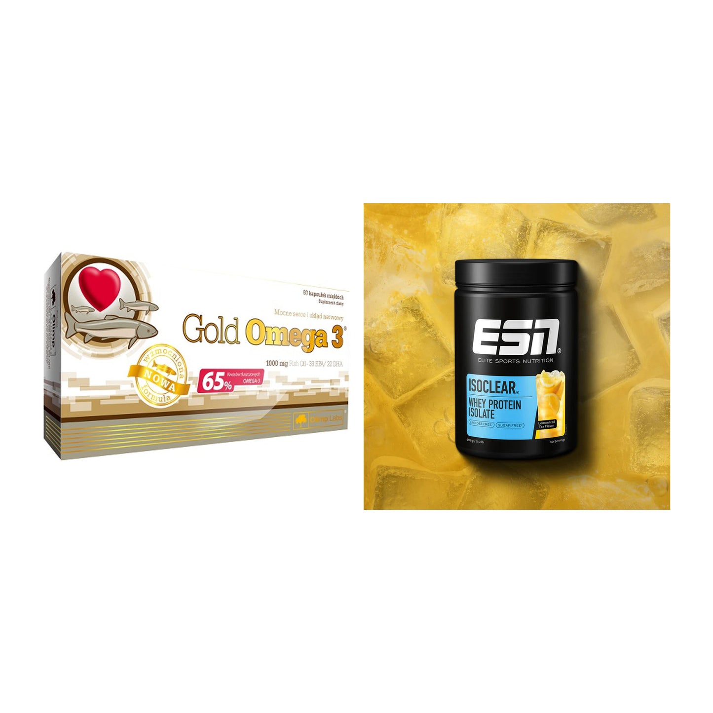 Diät-Duo: Olimp Omega 3 Gold Edition + ESN ISOCLEAR Whey Isolate – alle enthaltenen Artikel