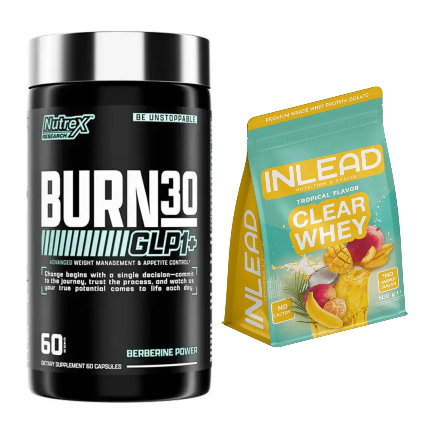 Diät-Duo: Nutrex Burn 30 GLP1+ Control + INLEAD Clear Whey Isolate – alle enthaltenen Artikel
