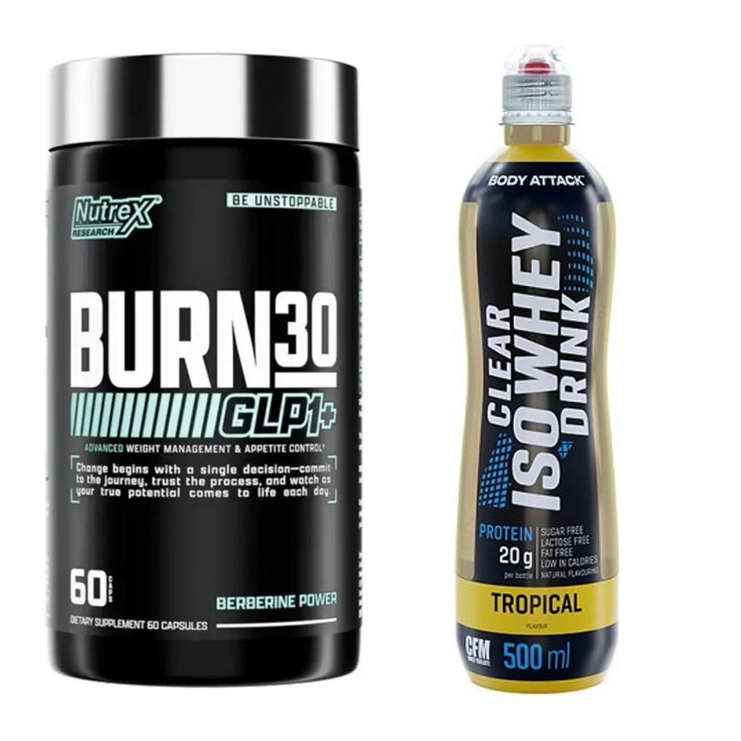 Diät-Duo: Nutrex Burn 30 GLP1+ Control + Body Attack Clear Iso Whey – alle enthaltenen Artikel