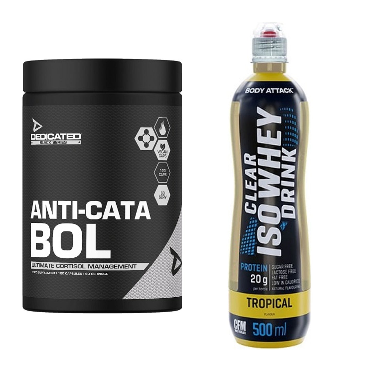 Diät-Duo: Dedicated Anti-Cata-Bol + Body Attack Clear Iso Whey Drink – alle enthaltenen Artikel