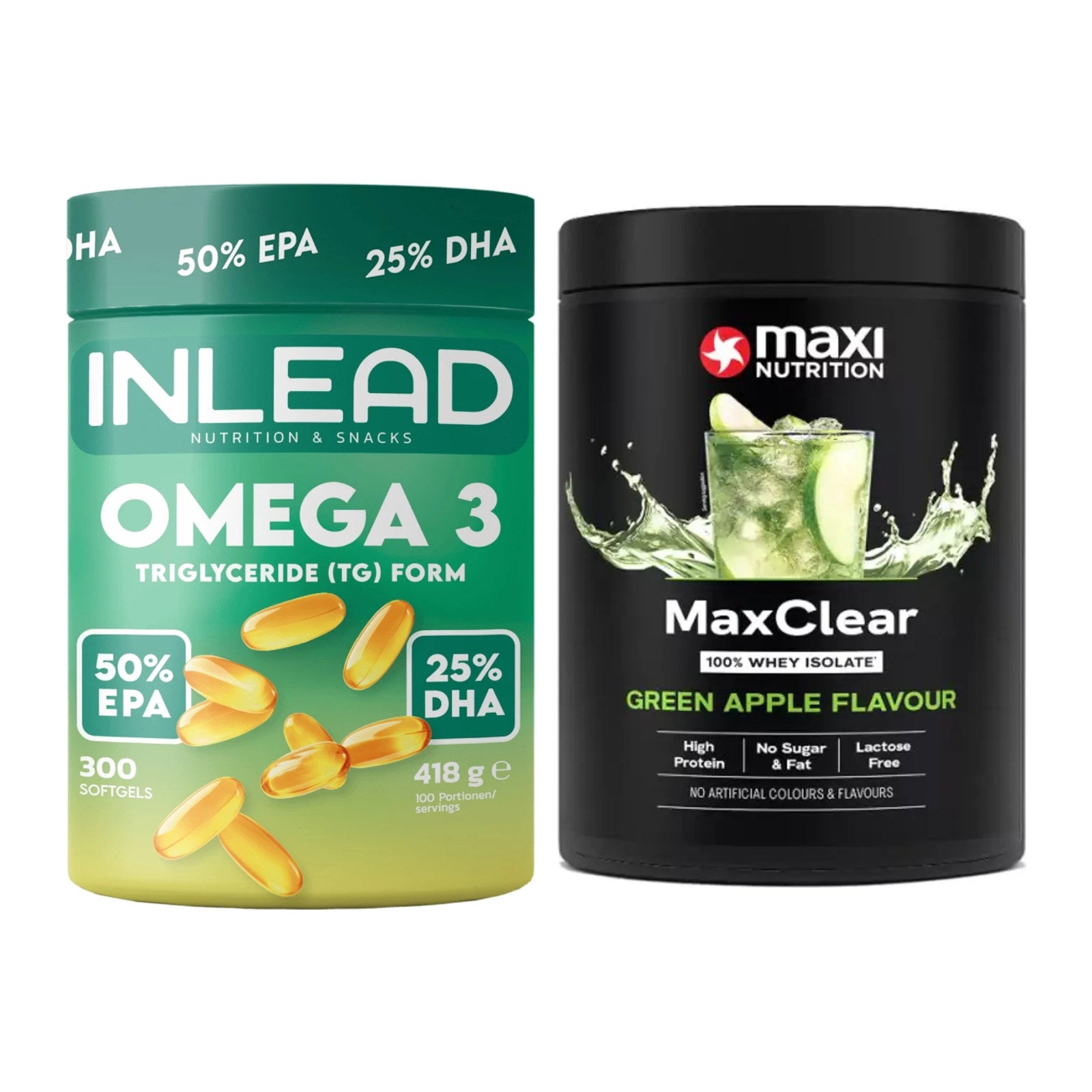 Diät-Duo: INLEAD Omega-3 + MaxiNutrition MaxClear 100% Clear – alle enthaltenen Artikel