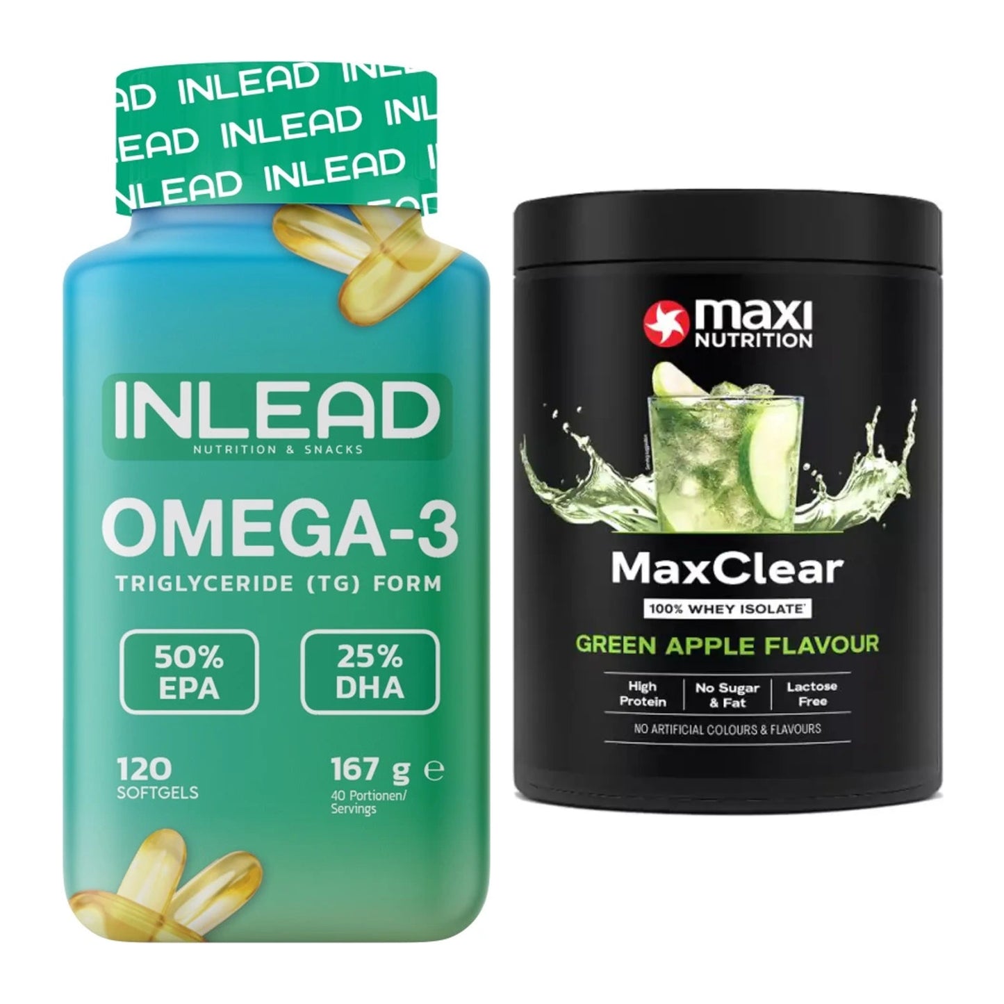 Diät-Duo: INLEAD Omega-3 + MaxiNutrition MaxClear 100% Clear – alle enthaltenen Artikel