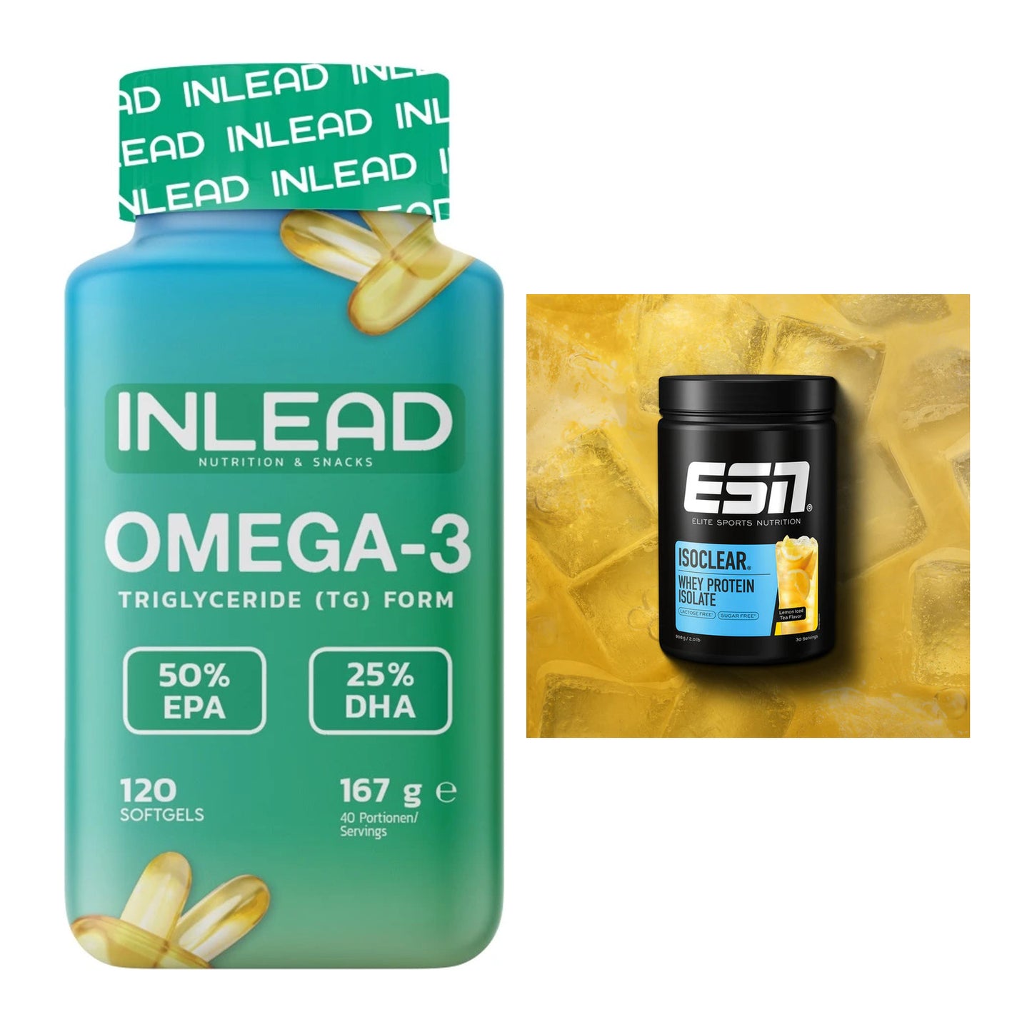 Diät-Duo: INLEAD Omega-3 + ESN ISOCLEAR Whey Isolate – alle enthaltenen Artikel