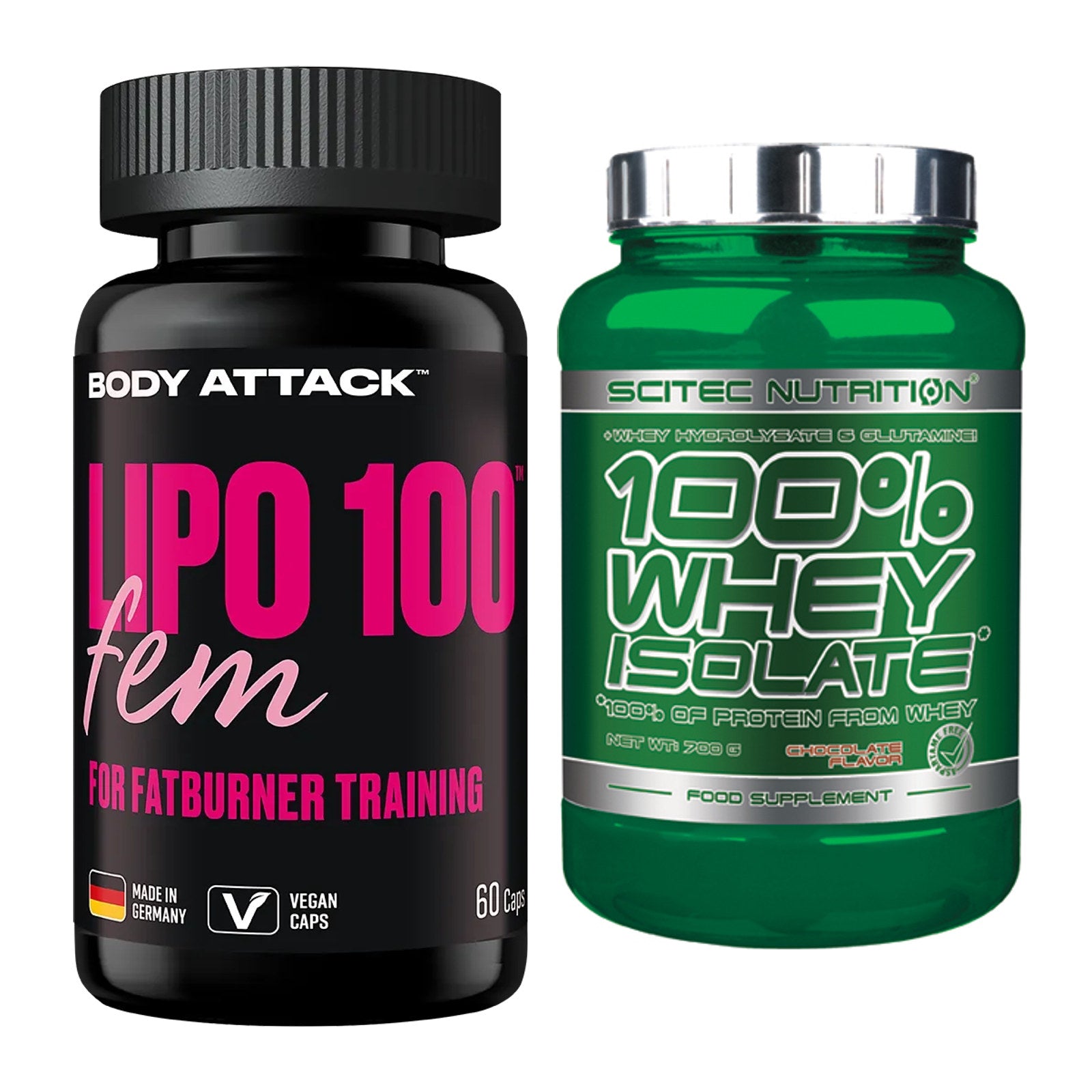 Diät-Duo: Body Attack Lipo 100 Fem + Scitec Whey Isolate – alle enthaltenen Artikel