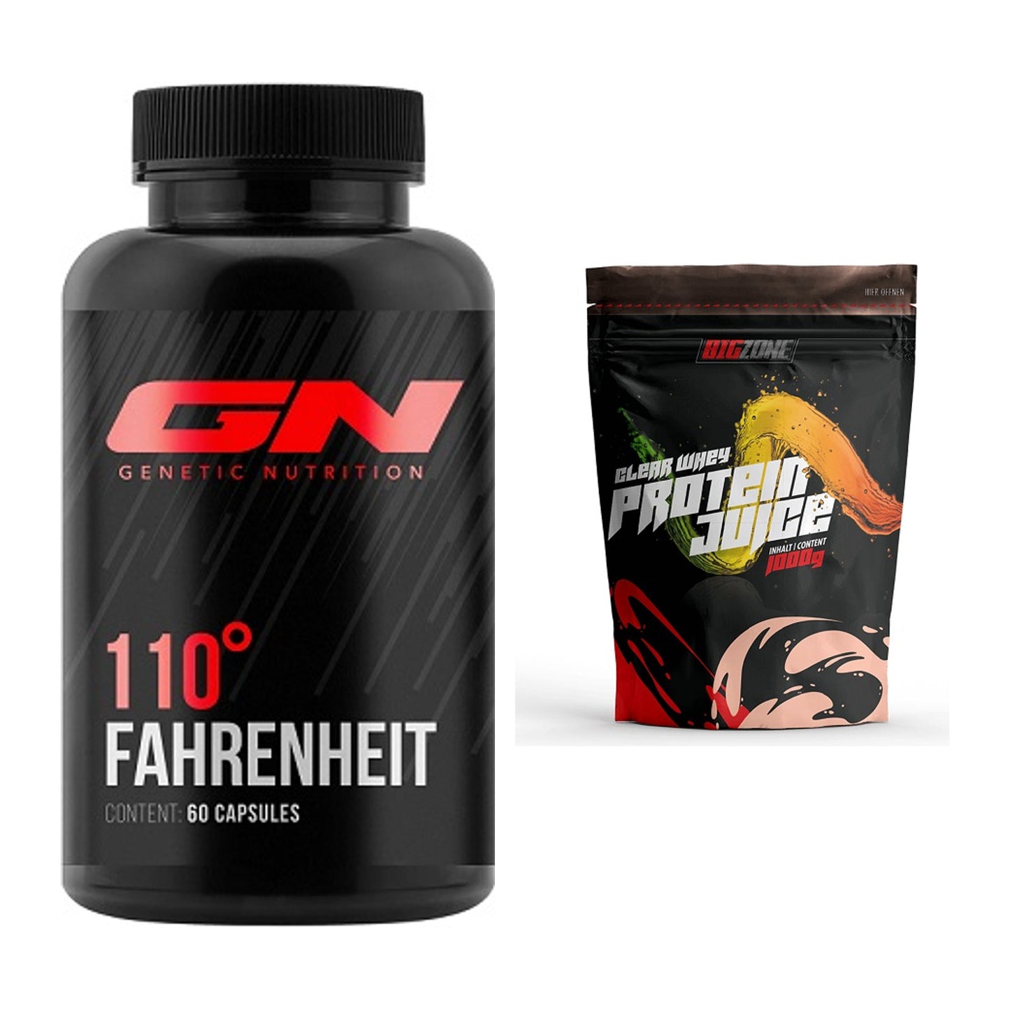 Diät-Duo: GN 110 Fahrenheit Burner + Big Zone Clear Whey Protein Juice – alle enthaltenen Artikel