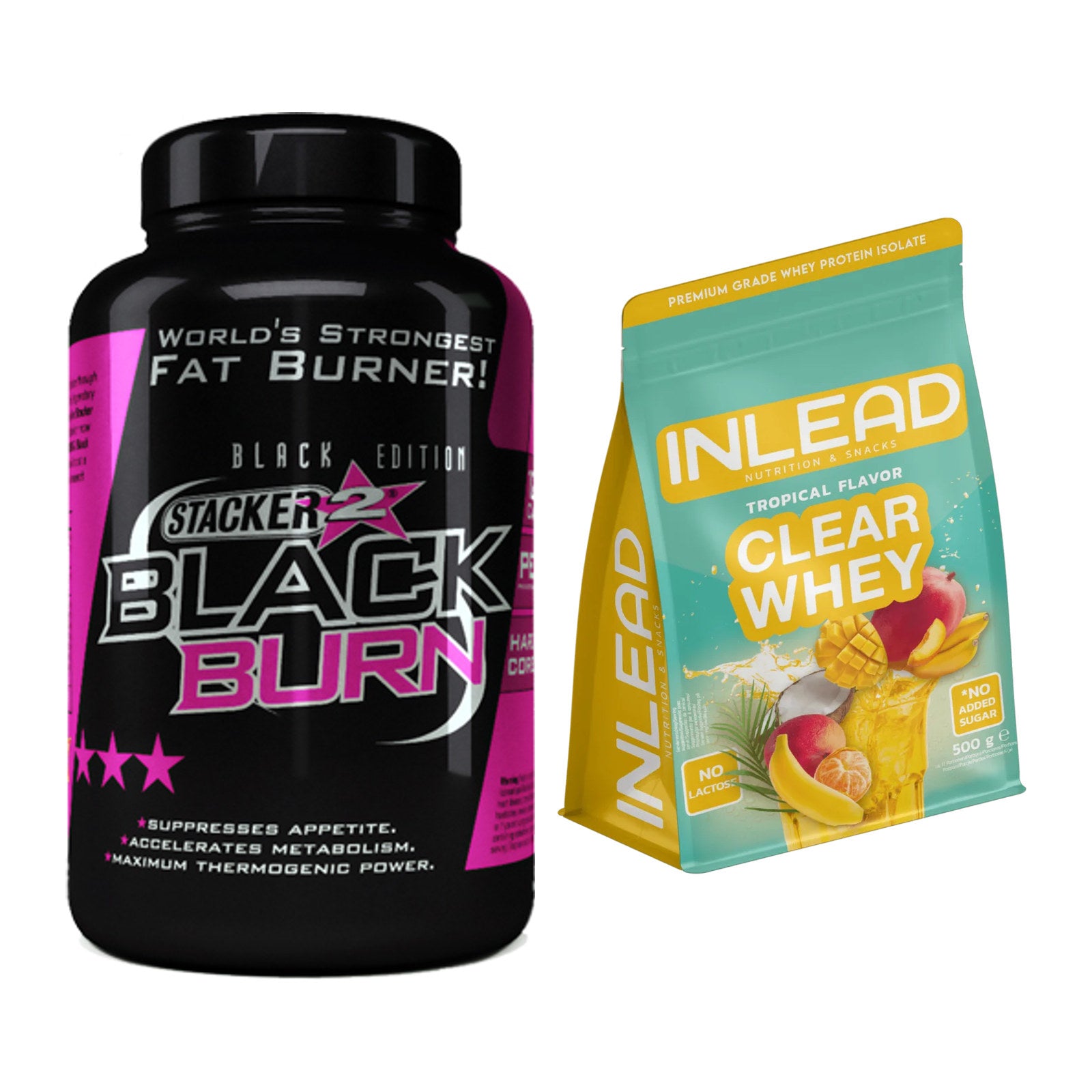 Diät-Duo: Stacker2 Black Burn Fatburner + INLEAD Clear Whey Isolate – alle enthaltenen Artikel