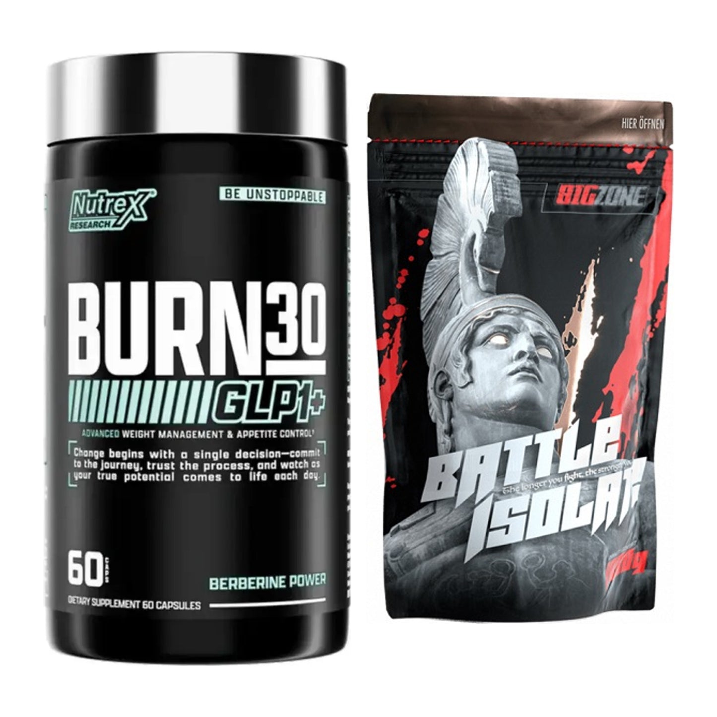 Diät-Duo: Nutrex Burn 30 GLP1+ Control + Big Zone Battle Isolate – alle enthaltenen Artikel