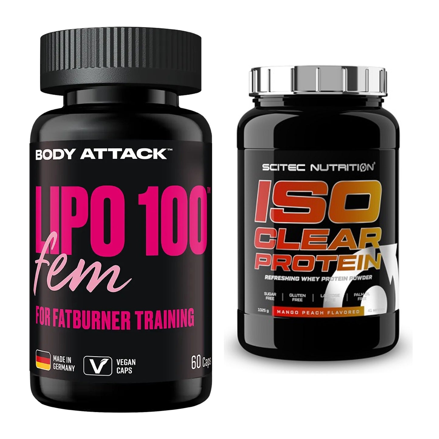 Diät-Duo: Body Attack Lipo 100 Fem + Scitec IsoClear Protein – alle enthaltenen Artikel