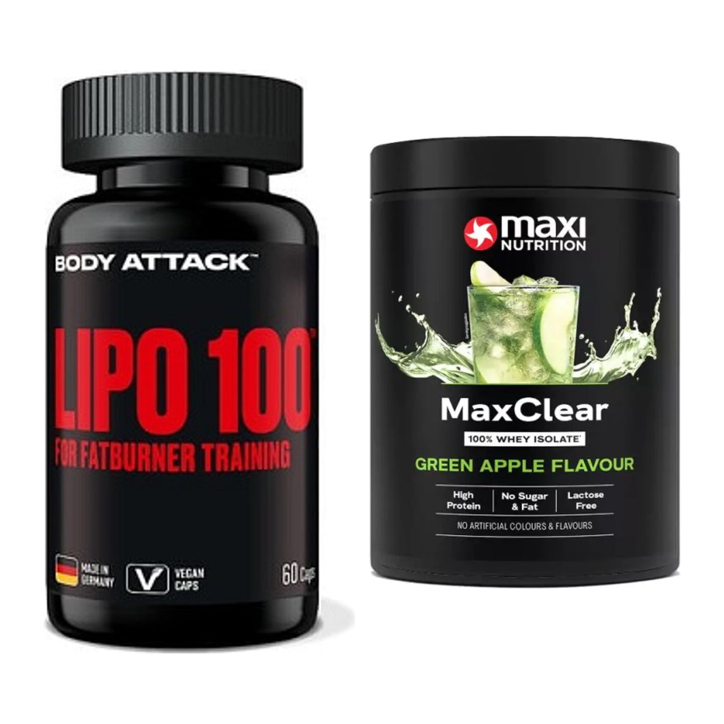 Diät-Duo: Body Attack Lipo 100 + MaxiNutrition MaxClear 100% Clear – alle enthaltenen Artikel