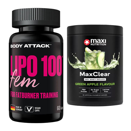 Diät-Duo: Body Attack Lipo 100 Fem + MaxiNutrition MaxClear 100% Clear – alle enthaltenen Artikel