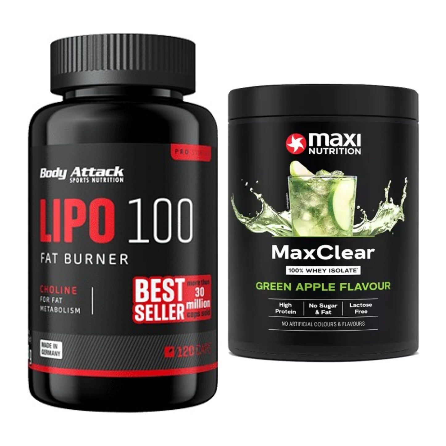 Diät-Duo: Body Attack Lipo 100 (120 + MaxiNutrition MaxClear 100% – alle enthaltenen Artikel