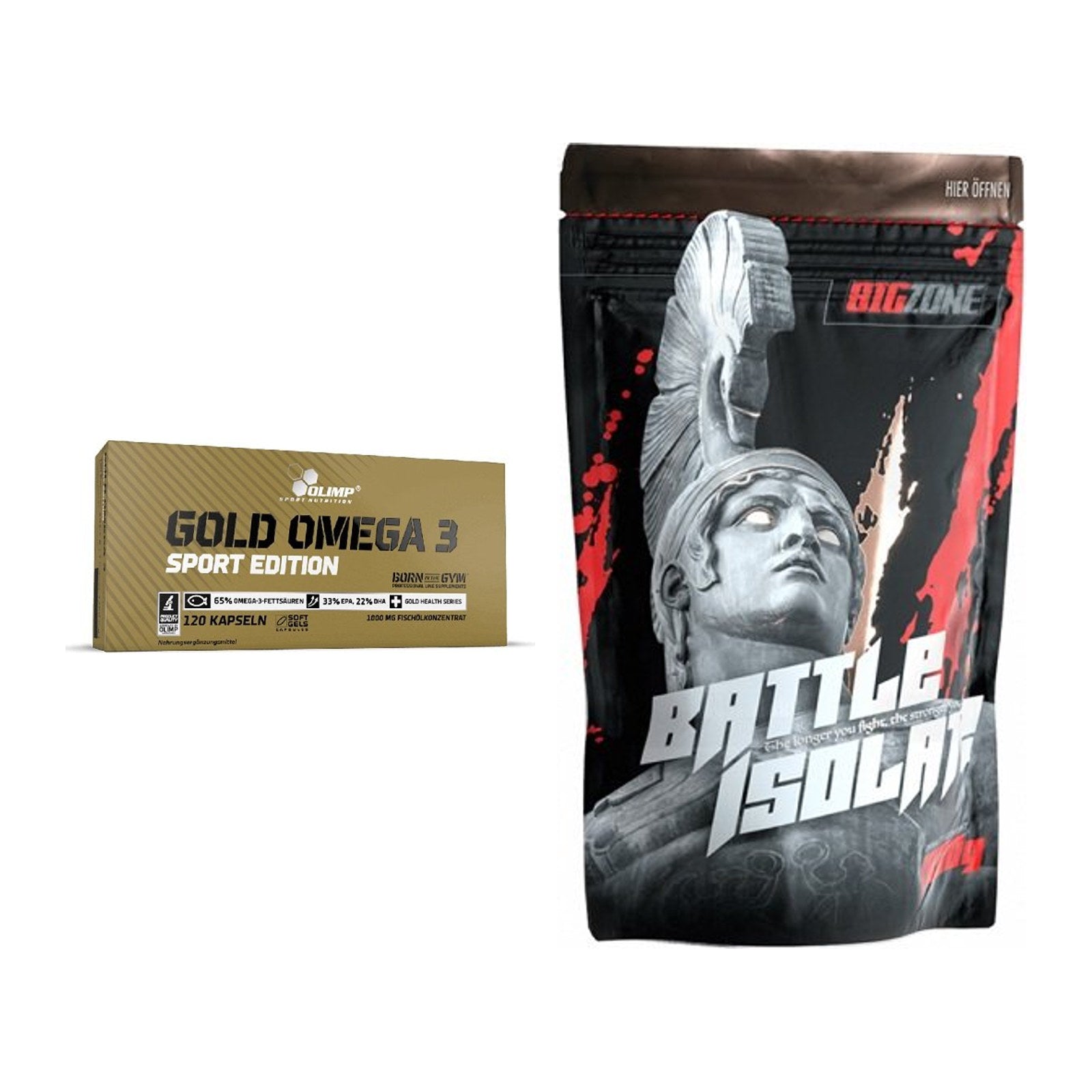 Diät-Duo: Olimp Omega 3 Sport Edition + Big Zone Battle Isolate – alle enthaltenen Artikel
