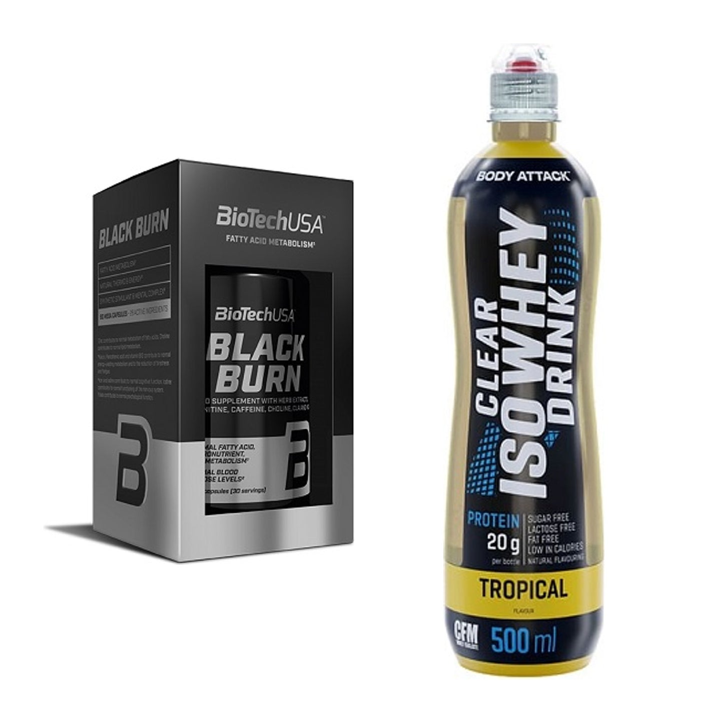 Diät-Duo: BioTech Black Burn + Body Attack Clear Iso Whey Drink – alle enthaltenen Artikel