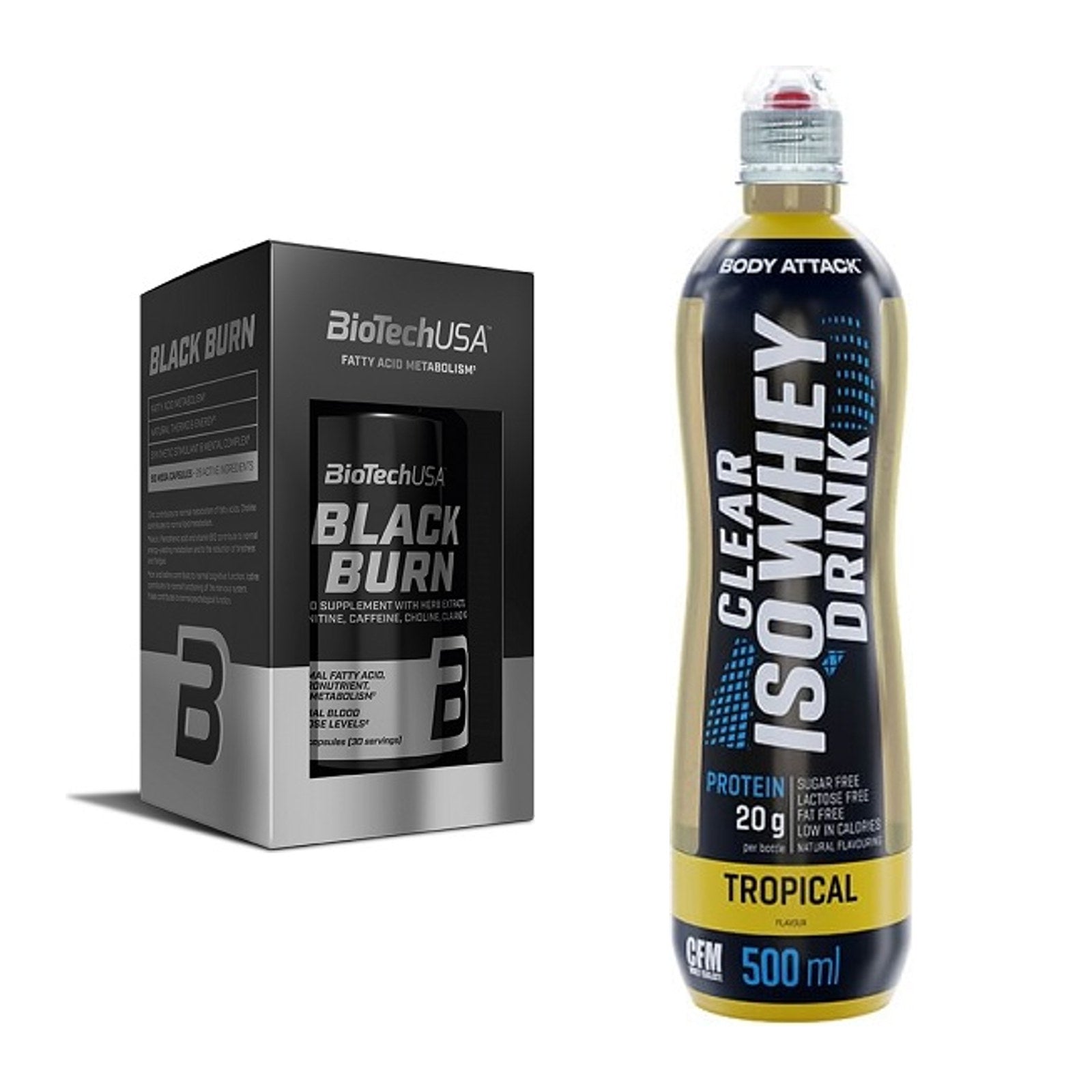 Diät-Duo: BioTech Black Burn + Body Attack Clear Iso Whey Drink – alle enthaltenen Artikel