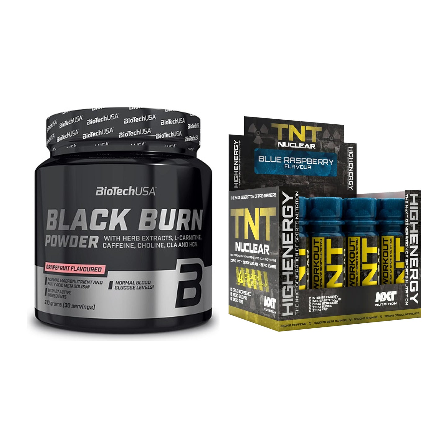 Diät-Duo: BioTech Black Burn Powder + NXT Nutrition TNT Nuclear Shots – alle enthaltenen Artikel