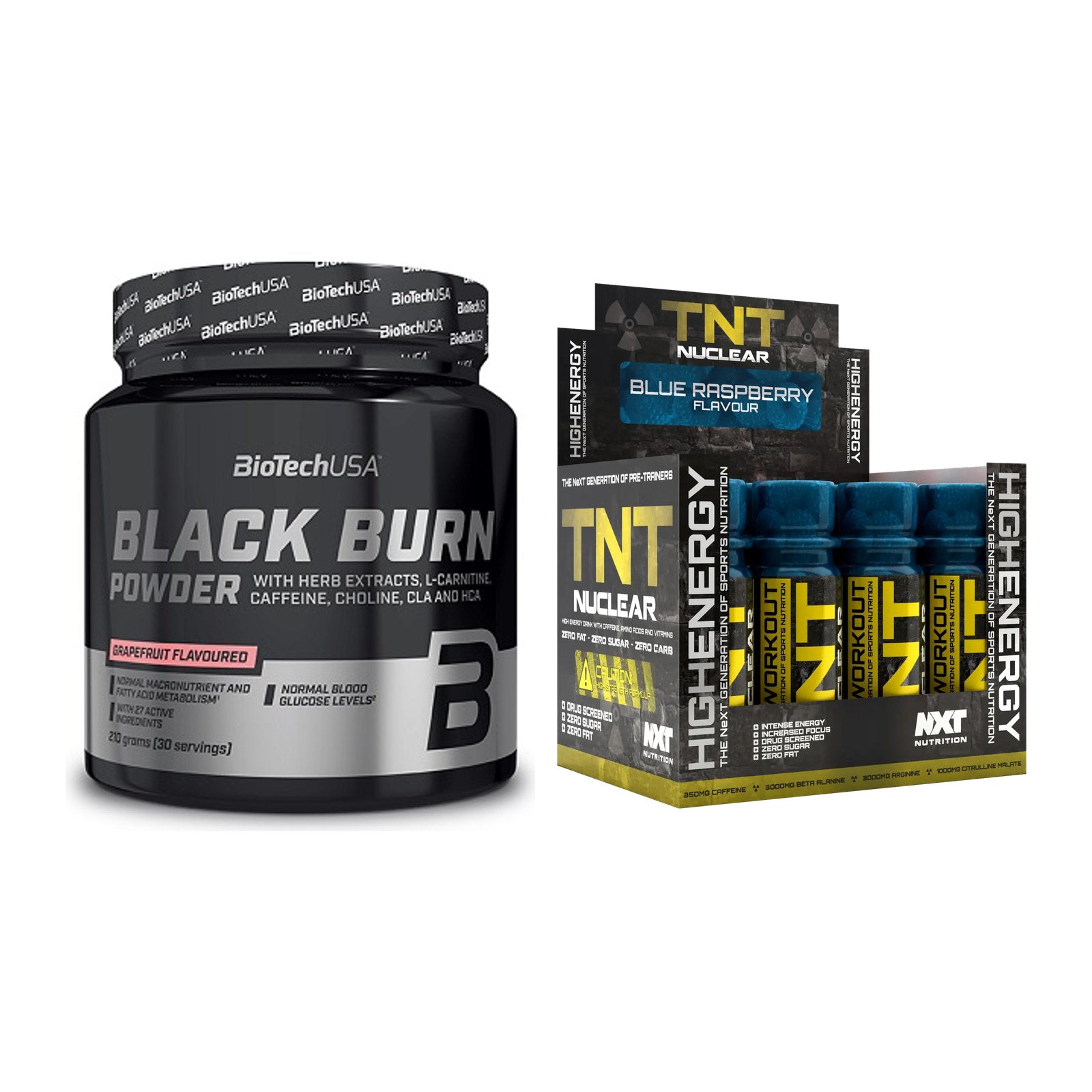 Diät-Duo: BioTech Black Burn Powder + NXT Nutrition TNT Nuclear Shots – alle enthaltenen Artikel