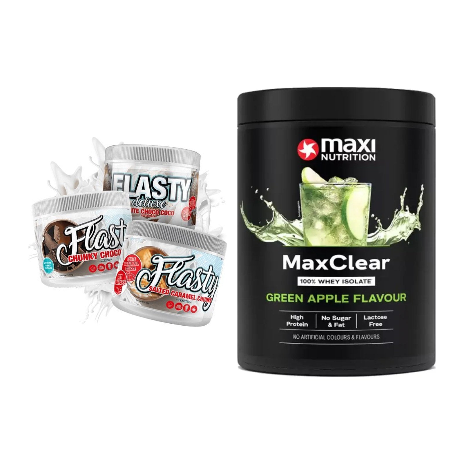 Diät-Duo: Sinob Flasty Geschmackspulve + MaxiNutrition MaxClear 100% – alle enthaltenen Artikel