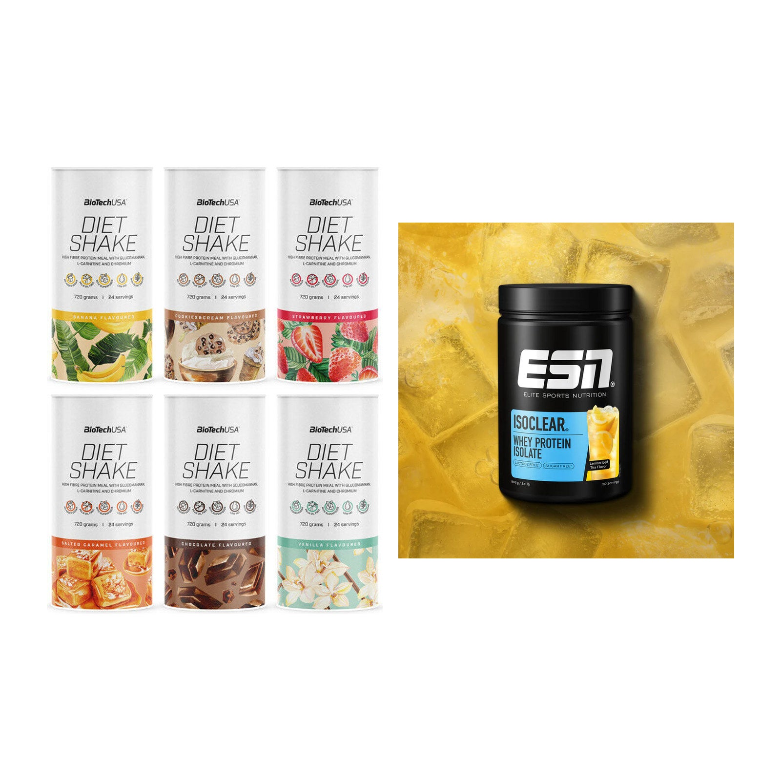 Diät-Duo: BioTech Diet Shake + ESN ISOCLEAR Whey Isolate – alle enthaltenen Artikel