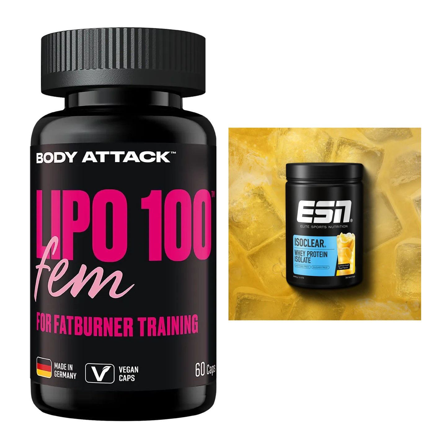 Diät-Duo: Body Attack Lipo 100 Fem + ESN ISOCLEAR Whey Isolate – alle enthaltenen Artikel