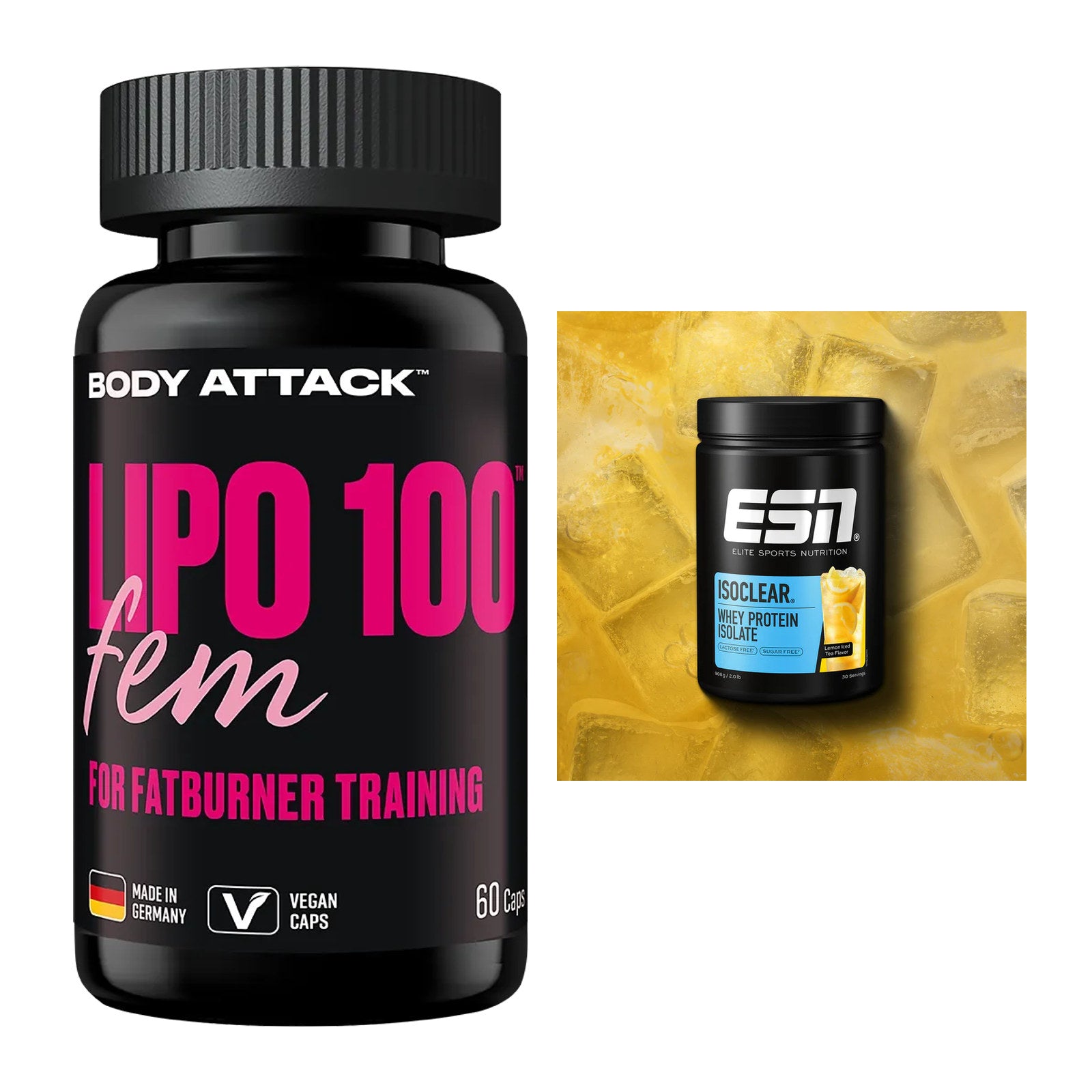 Diät-Duo: Body Attack Lipo 100 Fem + ESN ISOCLEAR Whey Isolate – alle enthaltenen Artikel