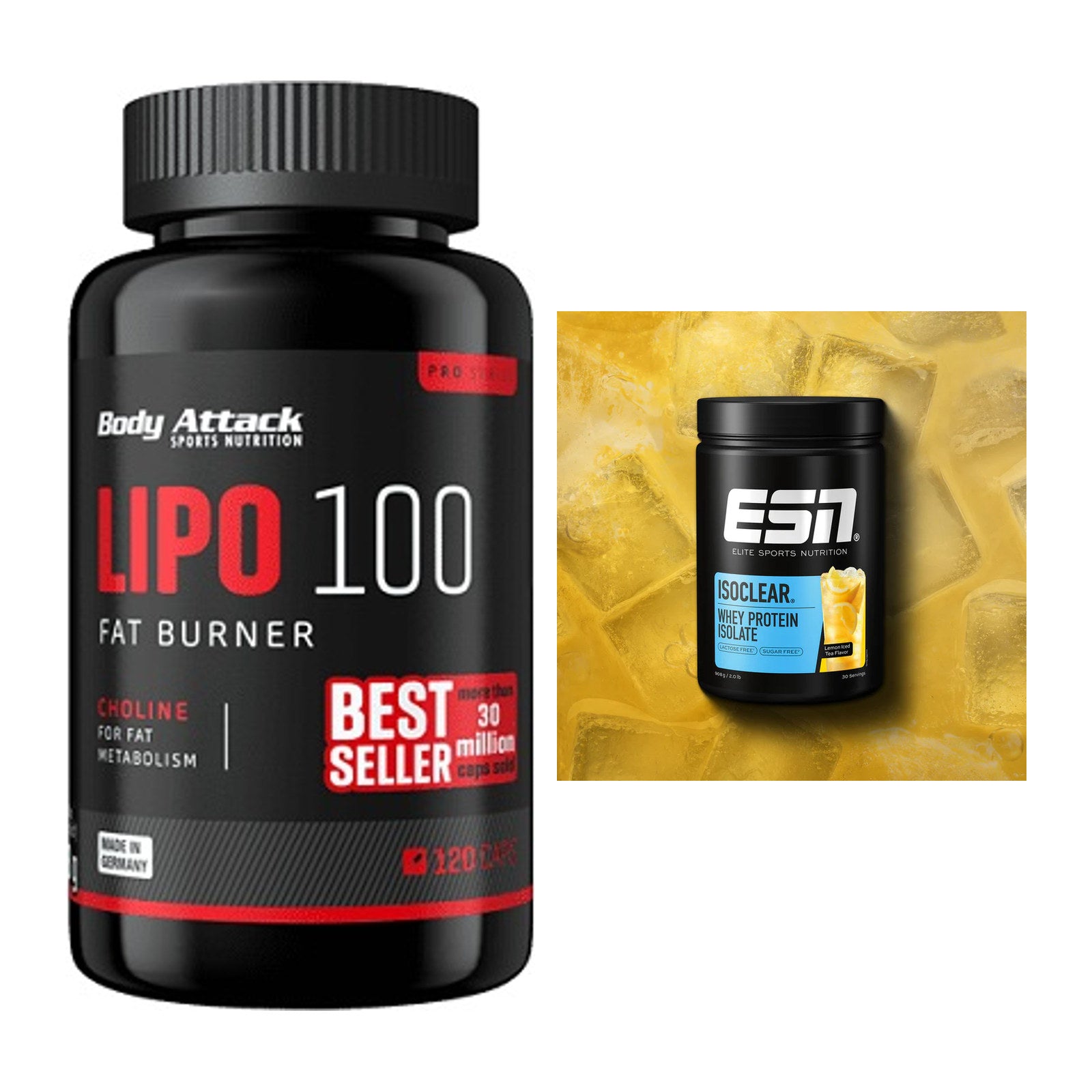 Diät-Duo: Body Attack Lipo 100 (120 + ESN ISOCLEAR Whey Isolate – alle enthaltenen Artikel