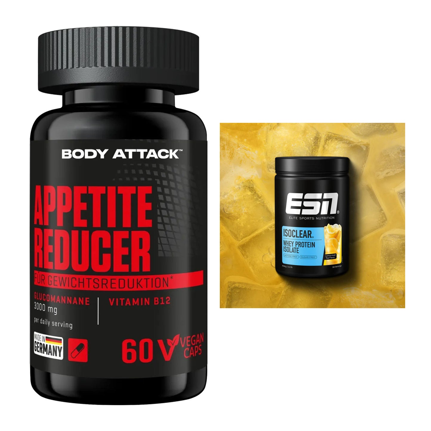Diät-Duo: Body Attack Appetite Reducer + ESN ISOCLEAR Whey Isolate – alle enthaltenen Artikel
