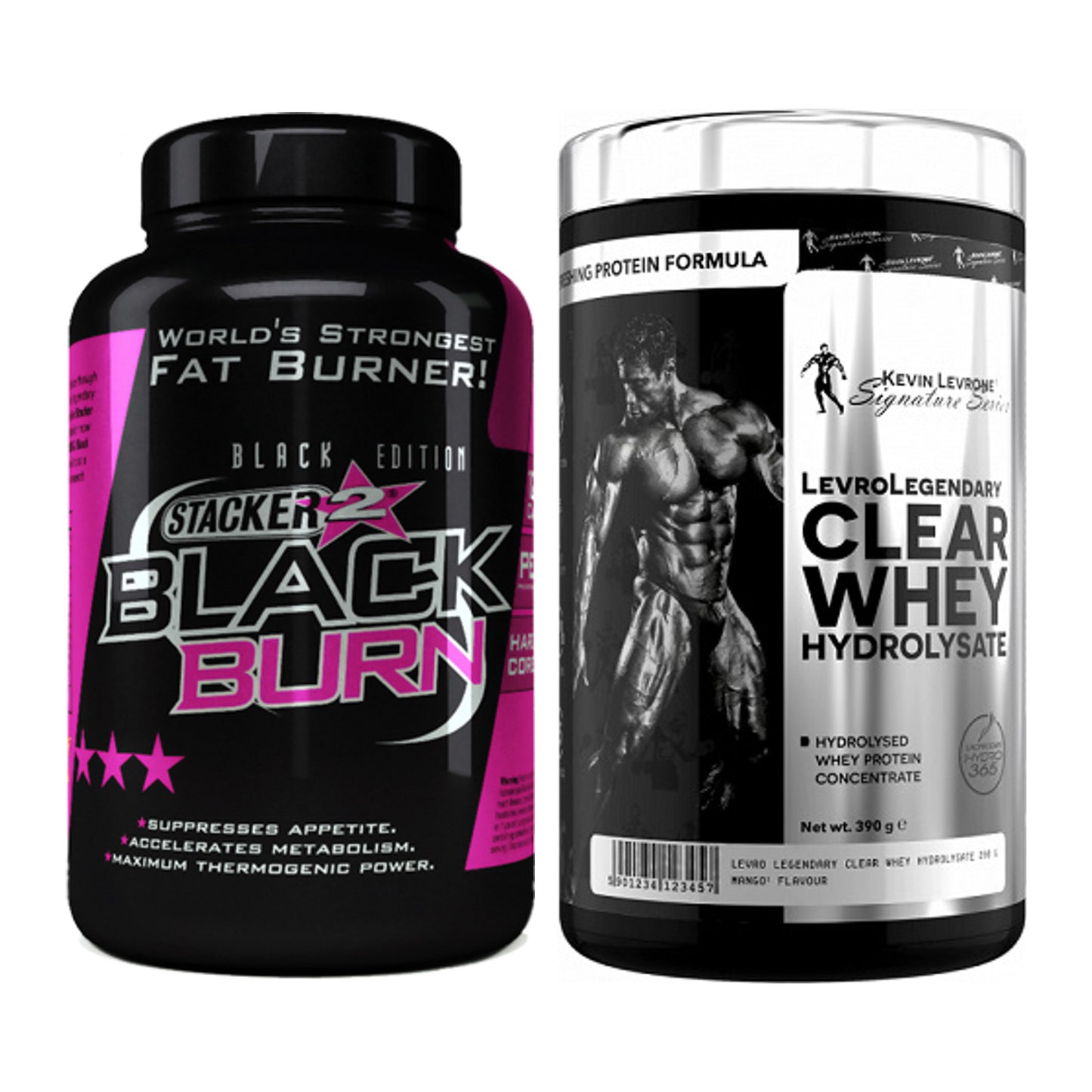 Diät-Duo: Stacker2 Black Burn Fatburner + Kevin Levrone Clear Whey – alle enthaltenen Artikel
